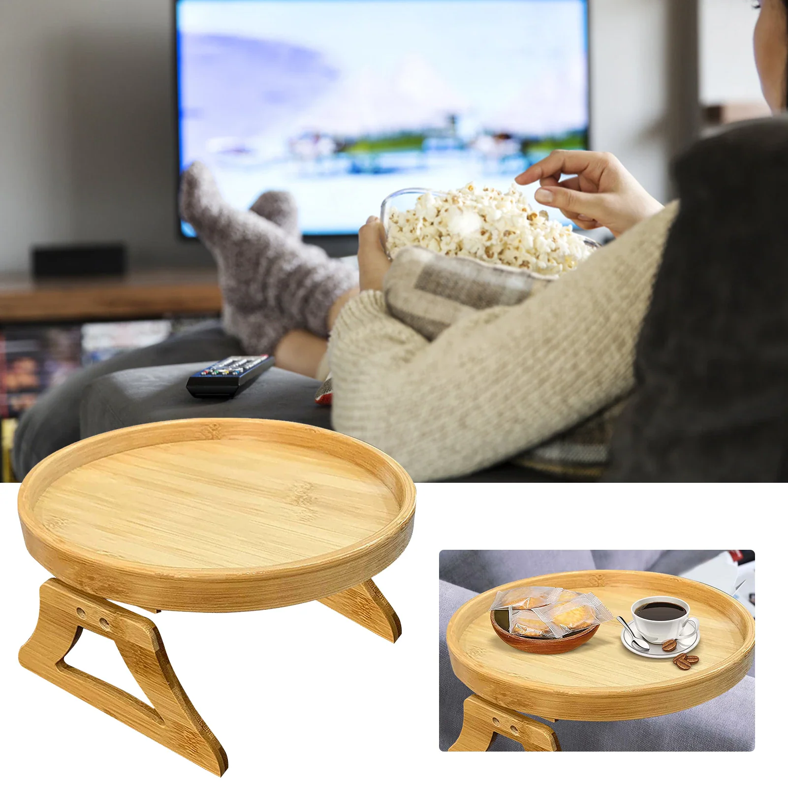 Bamboo Sofa Armrest Clip-On Round Tray - Image 2
