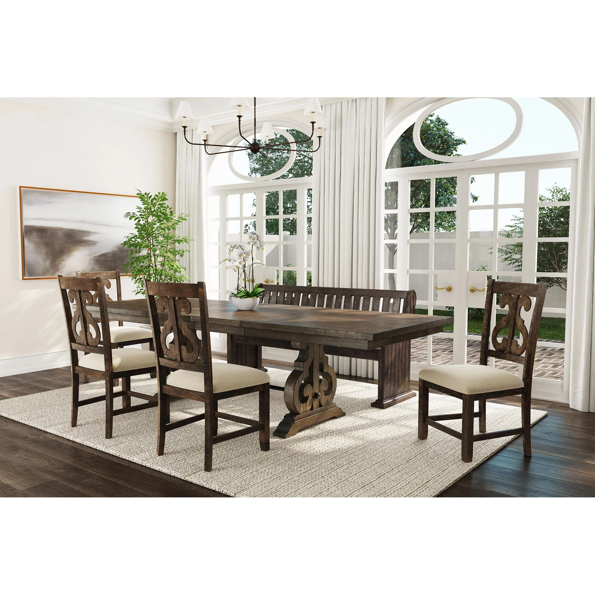 Stone – 6 Piece Dining Set Table & 4 Wooden Swril Back Side Chairs & Pew Bench – Charcoal
