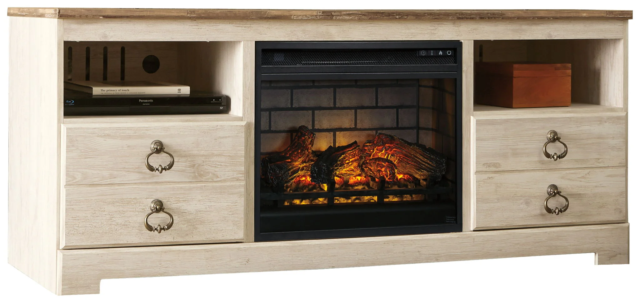Willowton - 2 Pc. - 64" TV Stand With Faux Firebrick Fireplace Insert - Whitewash - Image 1