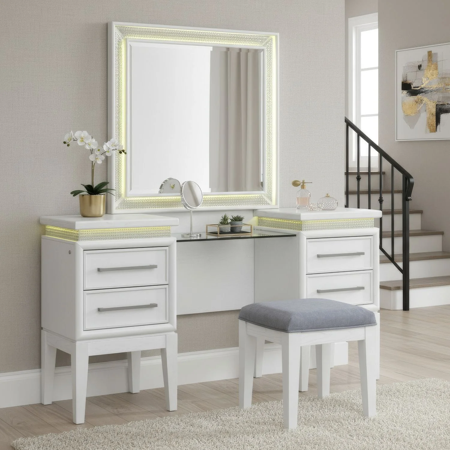 Reflections – 3 Piece Vanity Set – Pearl White & Rhinestone