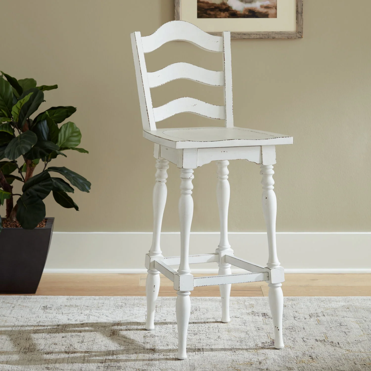 Magnolia Manor – Ladderback Swivel Bar Stool – Antique White