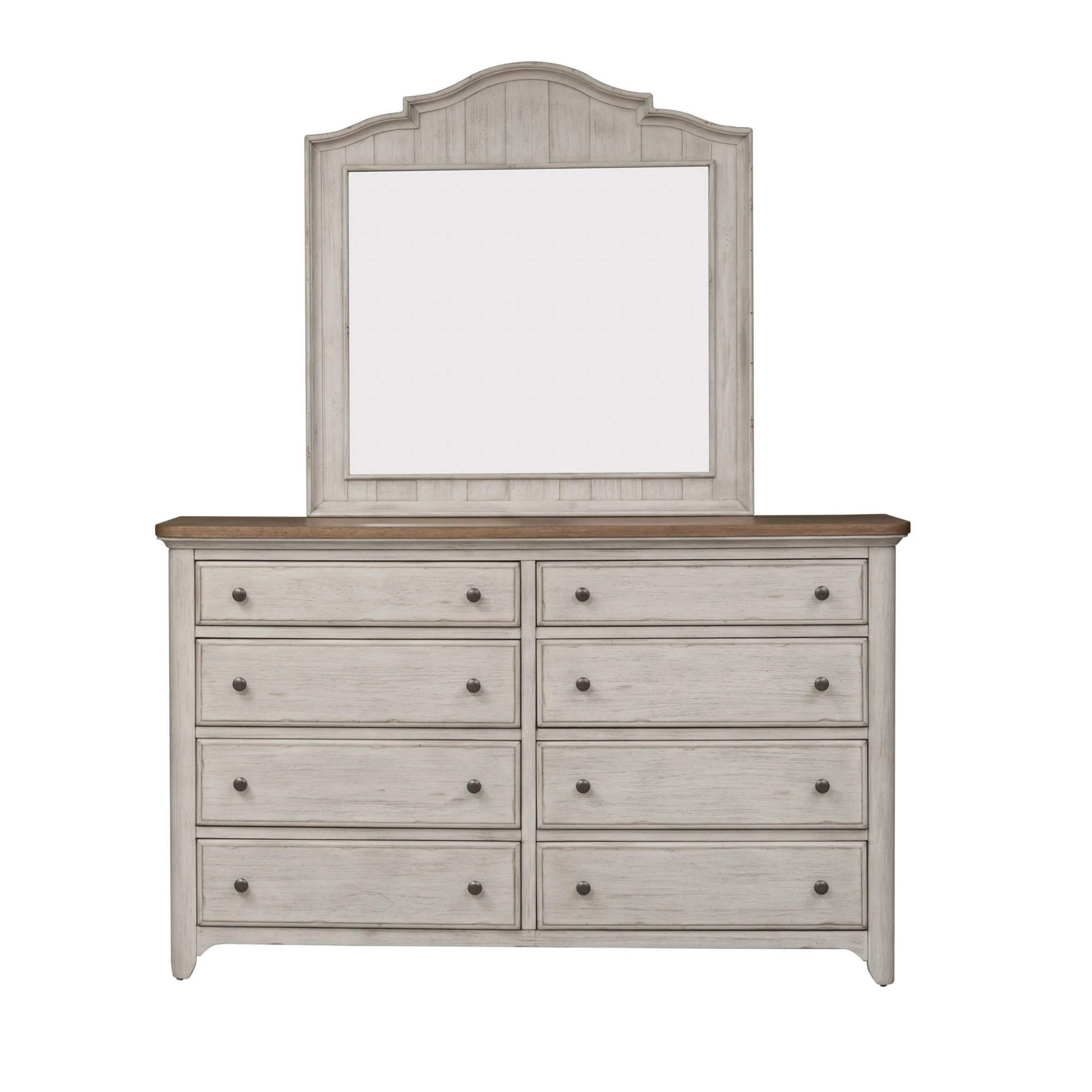 Farmhouse Reimagined – Dresser & Mirror – Antique White / Chestnut Tops
