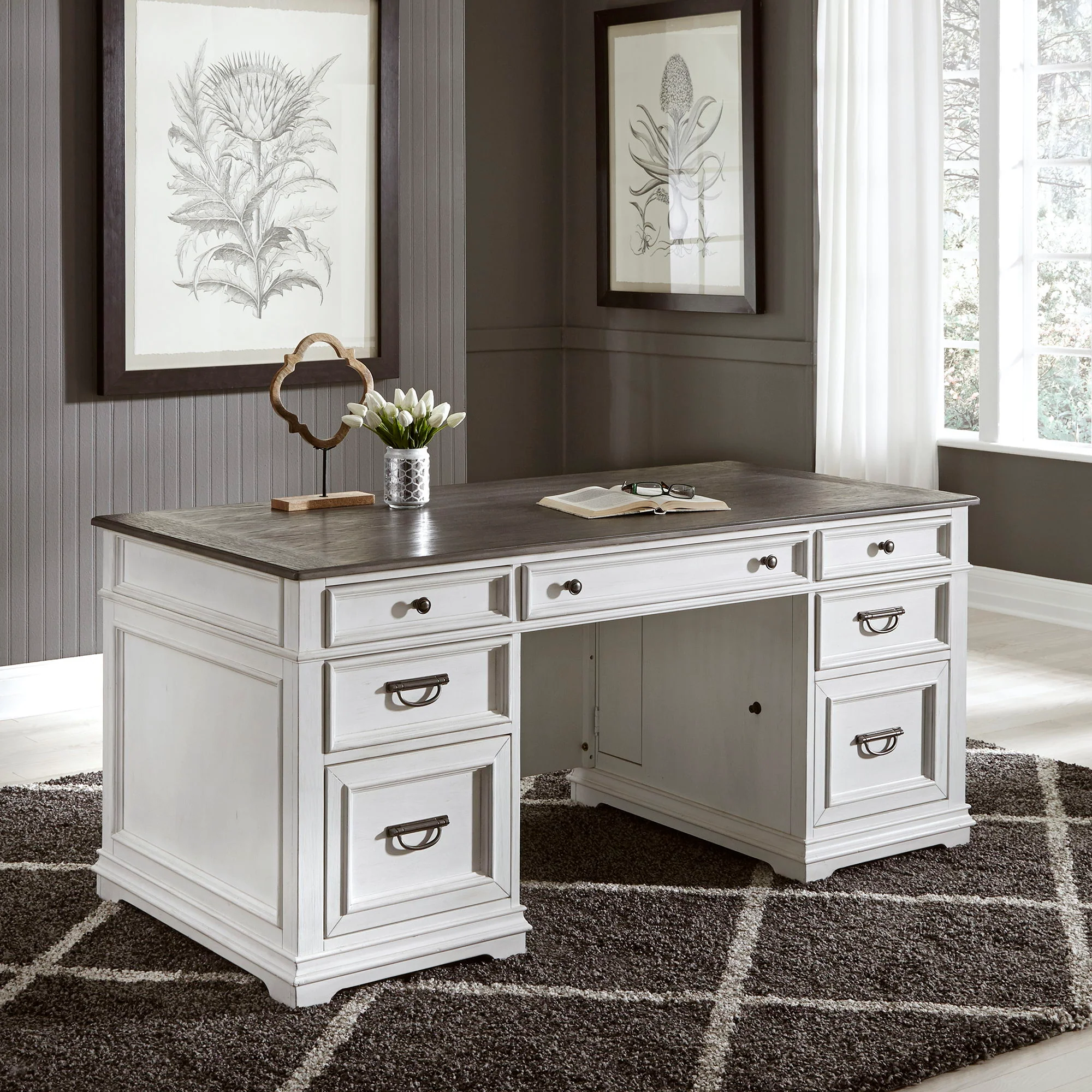 Allyson Park - 3 Piece Home Office Set (Complete Desk) - Wirebrushed White / Charcoal - Image 2
