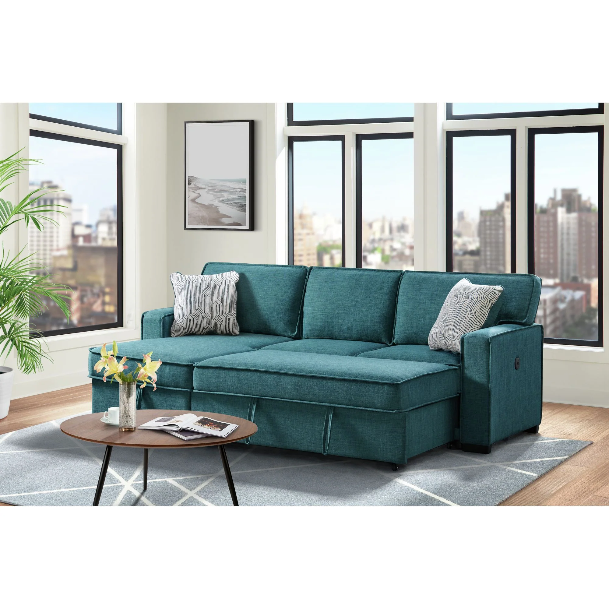 Caracas - Sectional RHF Loveseat With Pull Bed, Dropdown Table, 1 USB & 1 Pillow - Palmer Teal - Image 2