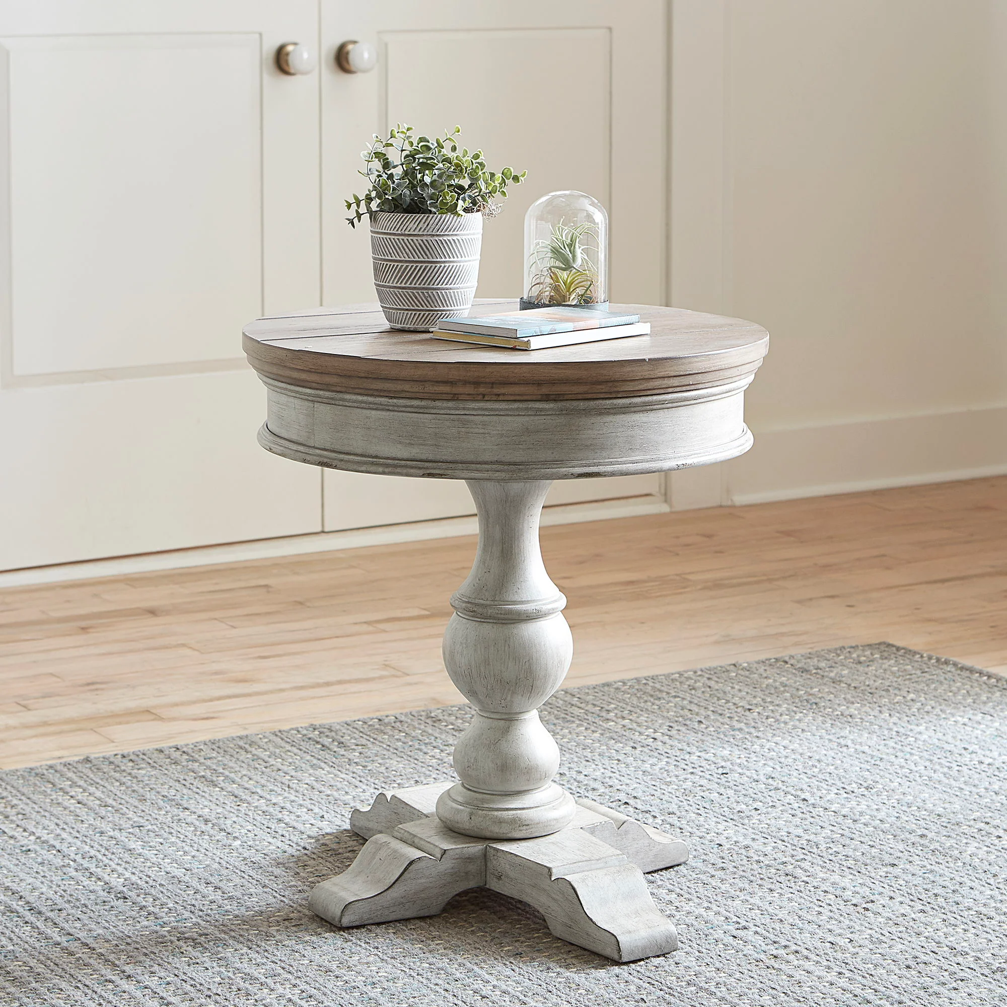 Heartland – Round Pedestal Chair Side Table – Antique White / Tobacco Tops