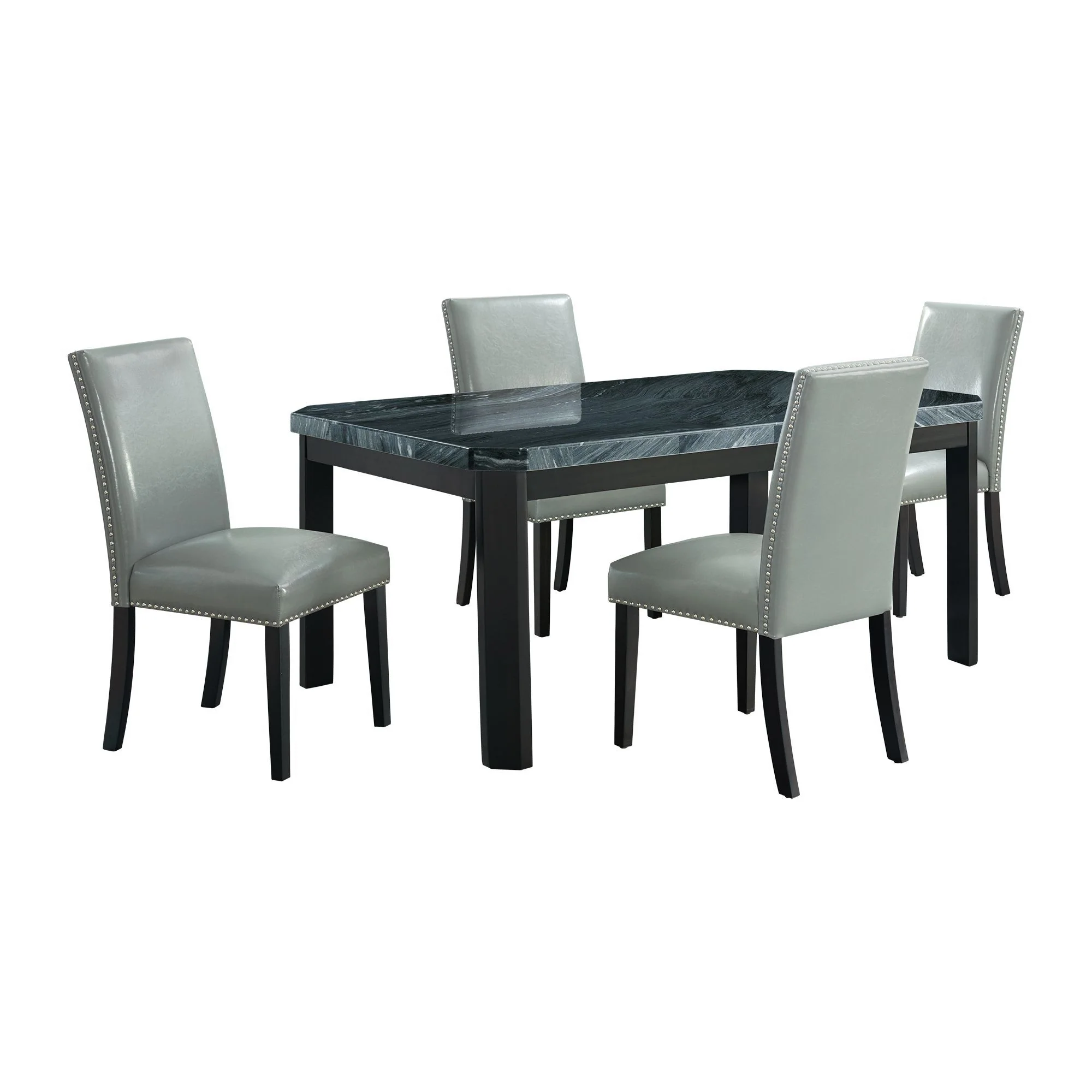 Francesca – Rectangular 5 Piece Gray PU Chairs Dining Set, Table & Four Chairs – Gray Marble