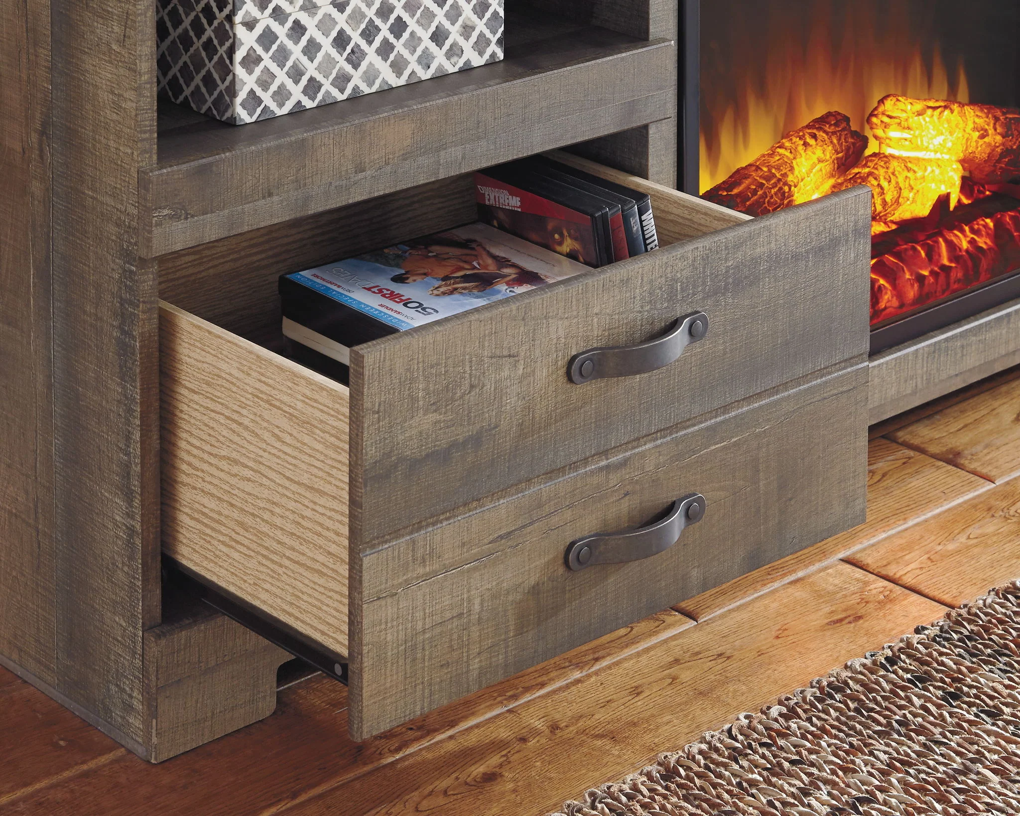 Trinell - 63" TV Stand With Glass/Stone Fireplace Insert - Brown - Image 2