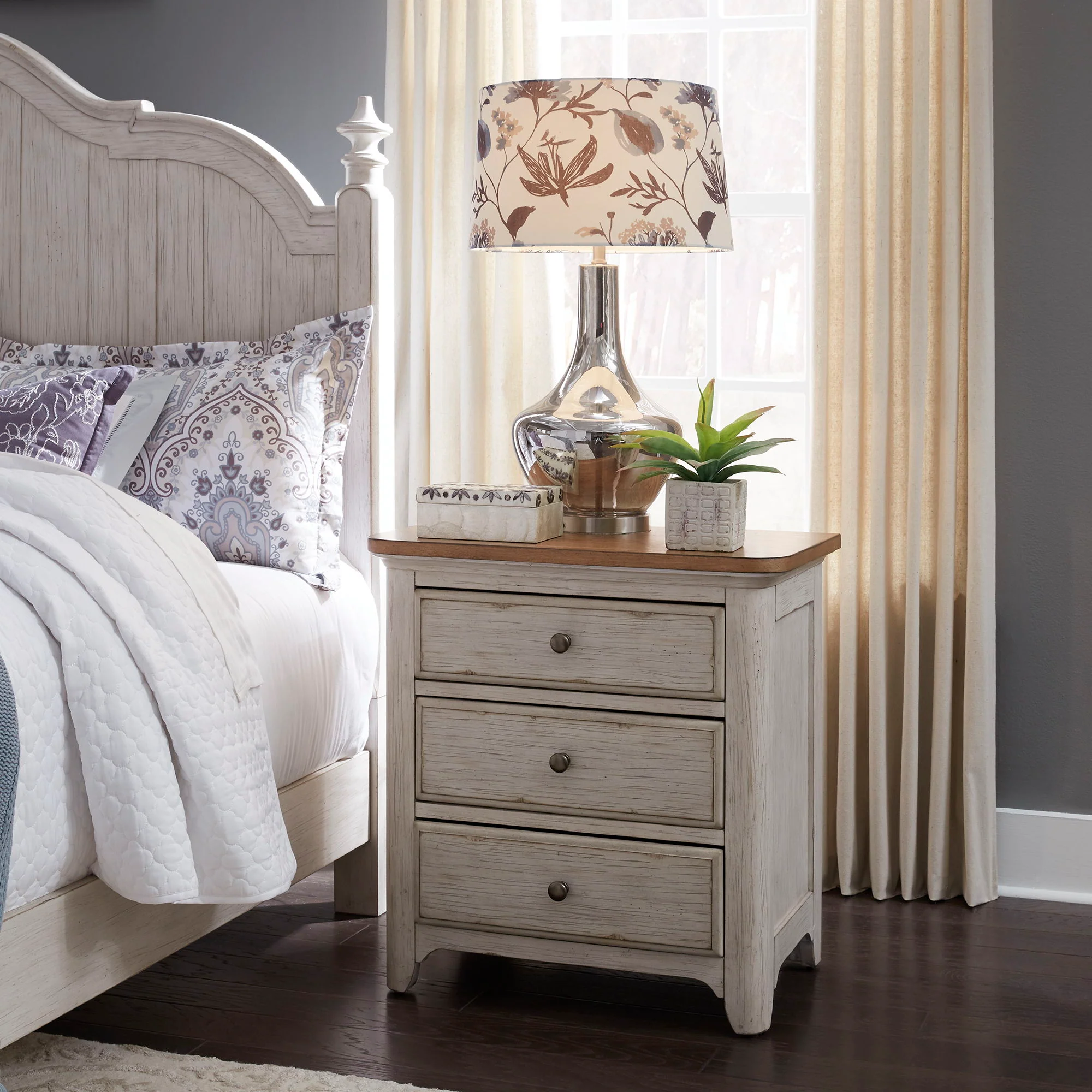 Farmhouse Reimagined - 3 Drawer Nightstand With Charging Station - Antique White / Chestnut Tops - Image 2