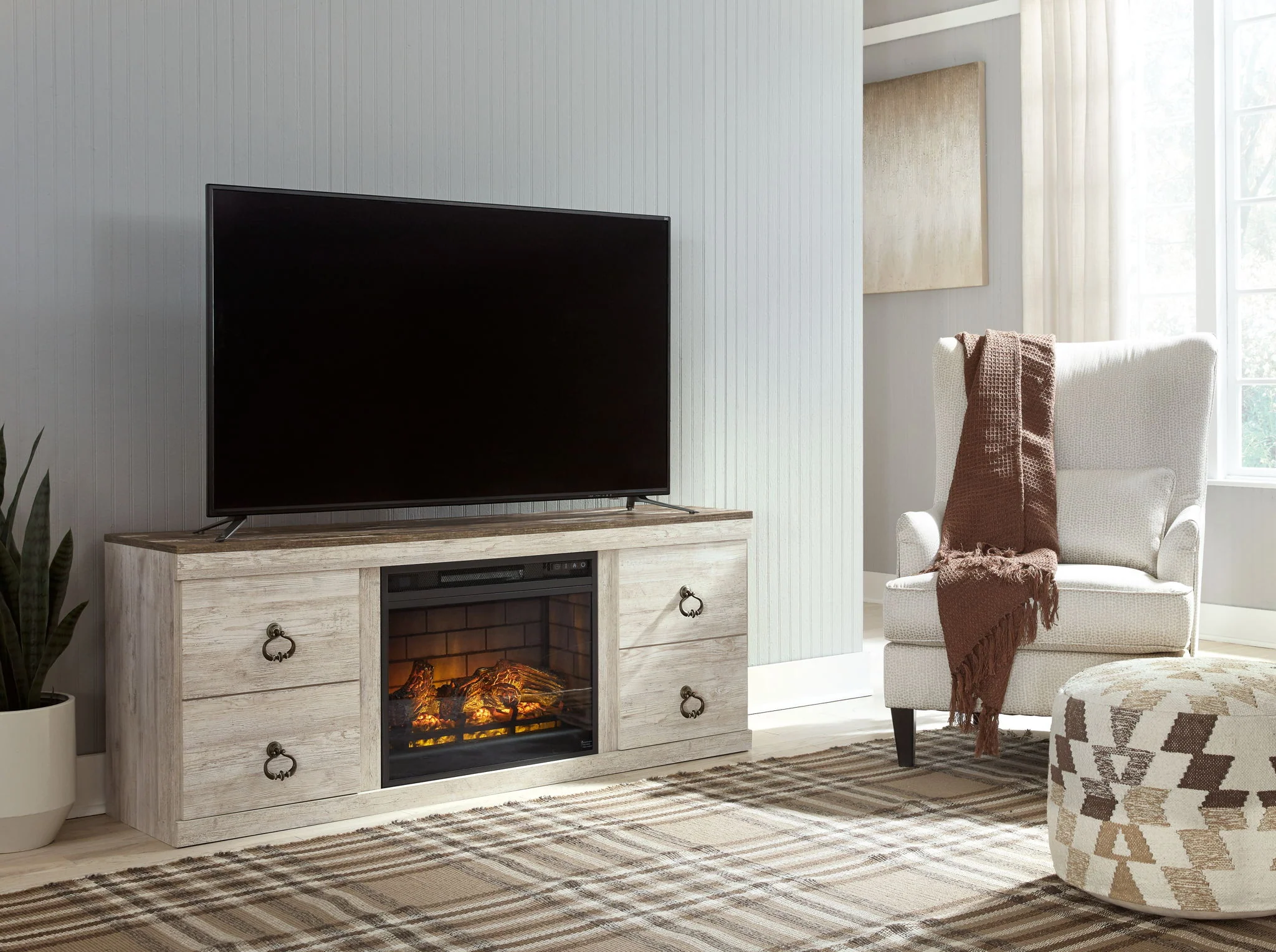 Willowton – 2 Pc. – TV Stand With Faux Firebrick Fireplace Insert – Whitewash