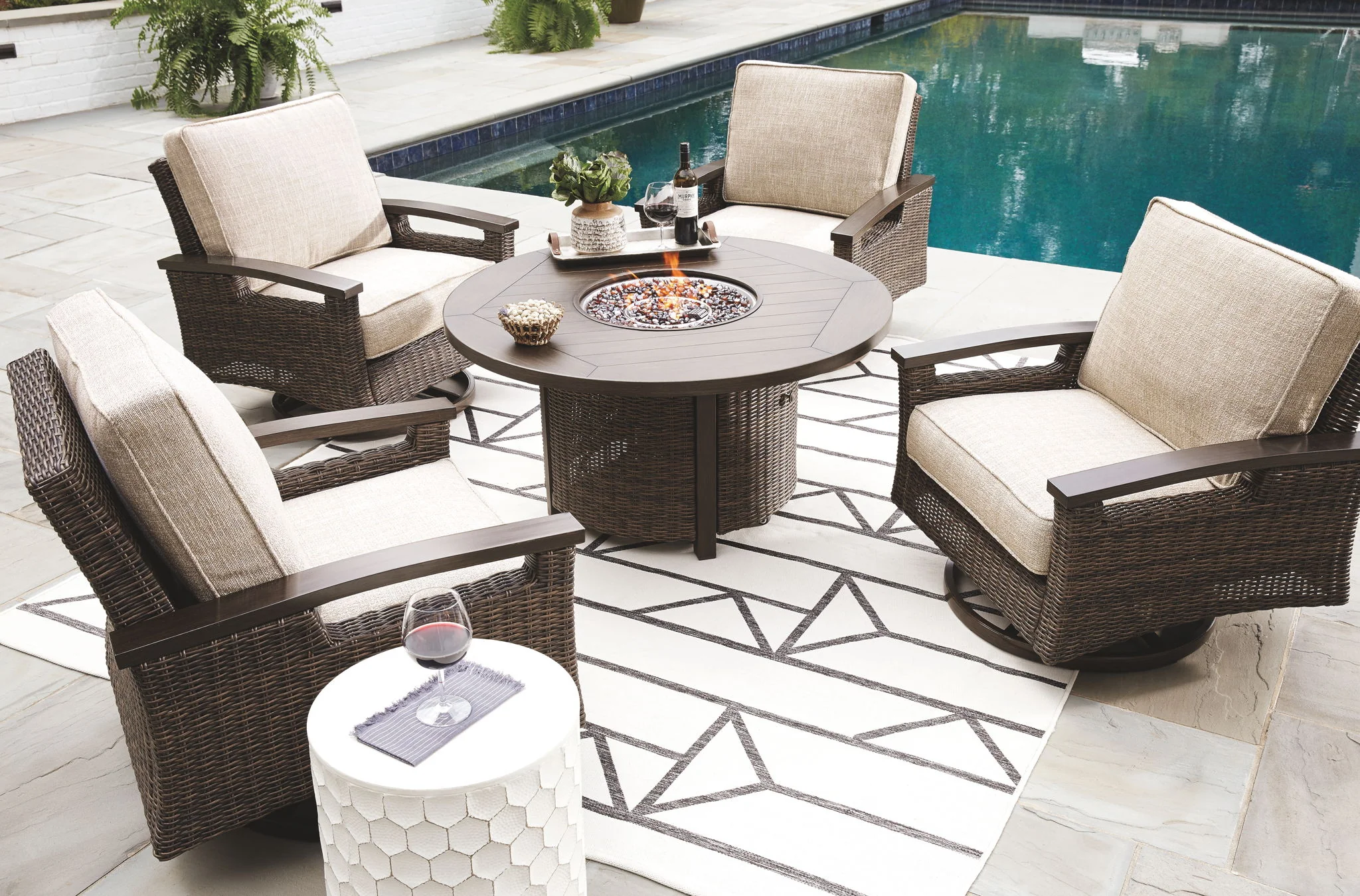 Paradise Trail – 5 Pc. – Conversation Set with 4 Swivel Lounge Chairs – Medium Brown