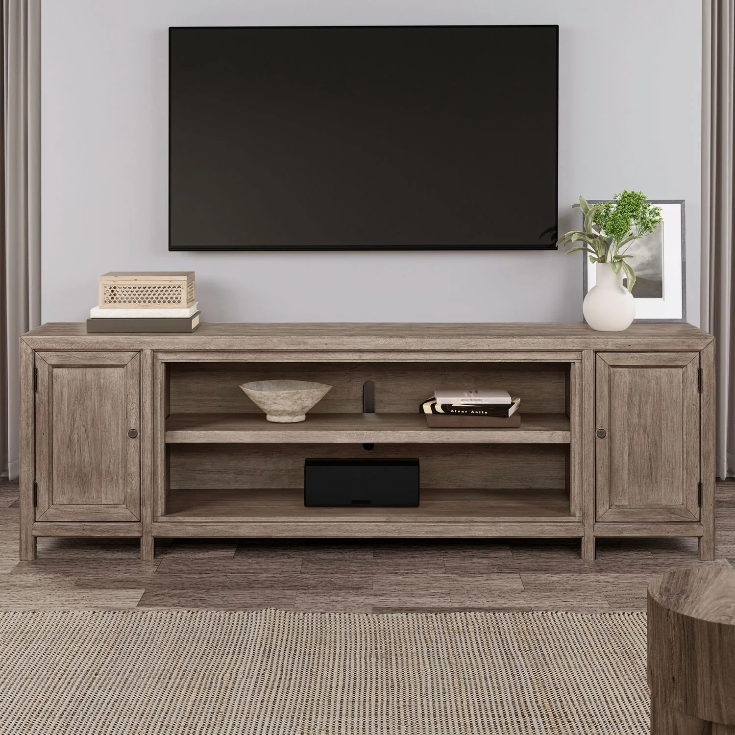 Fireplace TV Console – 82″ Console With Fire FTS – Light Brown