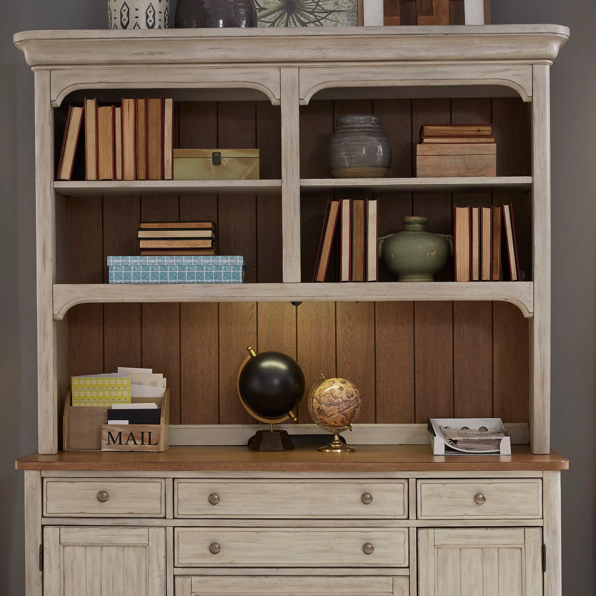 Farmhouse Reimagined – Credenza Hutch – Antique White / Chestnut Tops