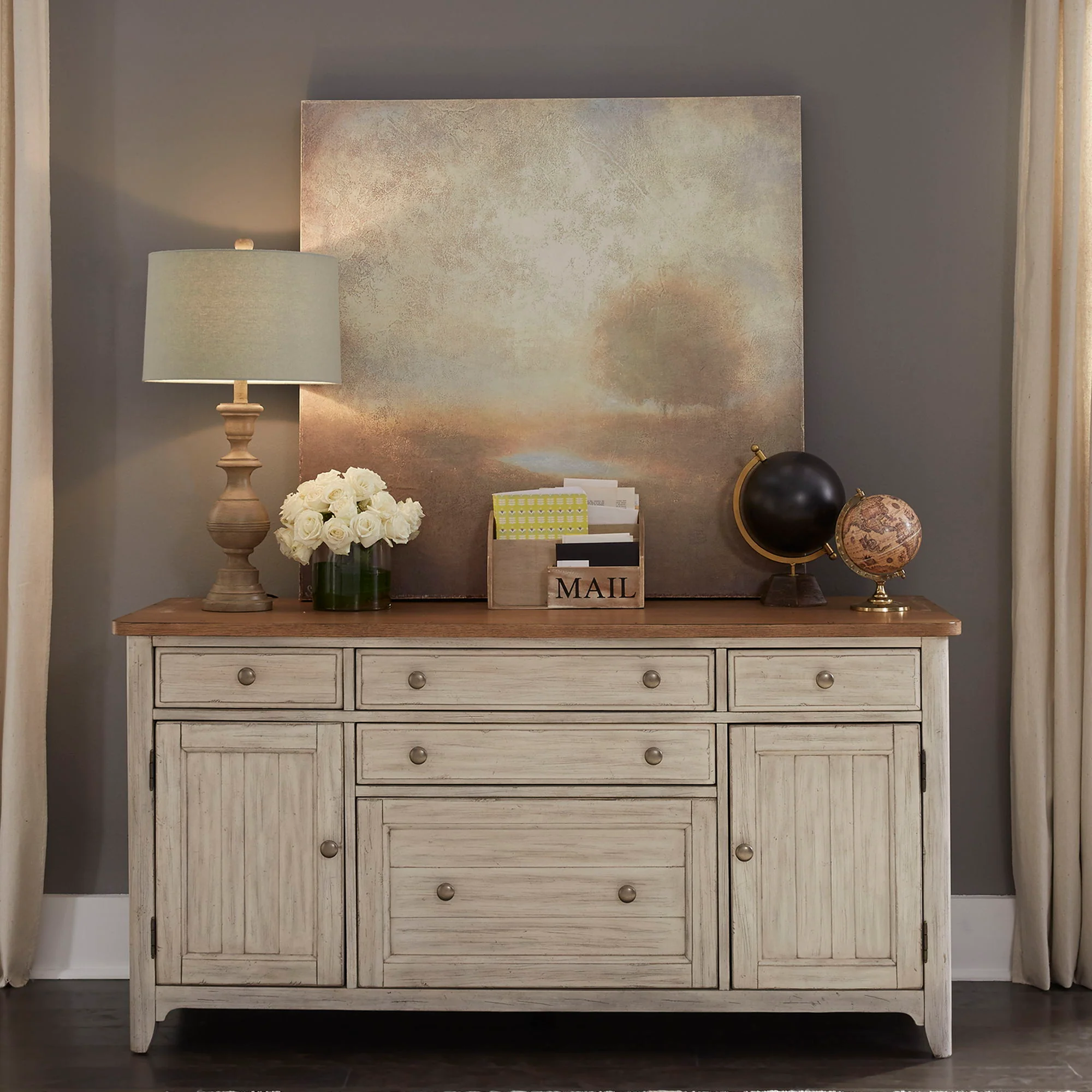 Farmhouse Reimagined – Door Credenza – Antique White / Chestnut Tops
