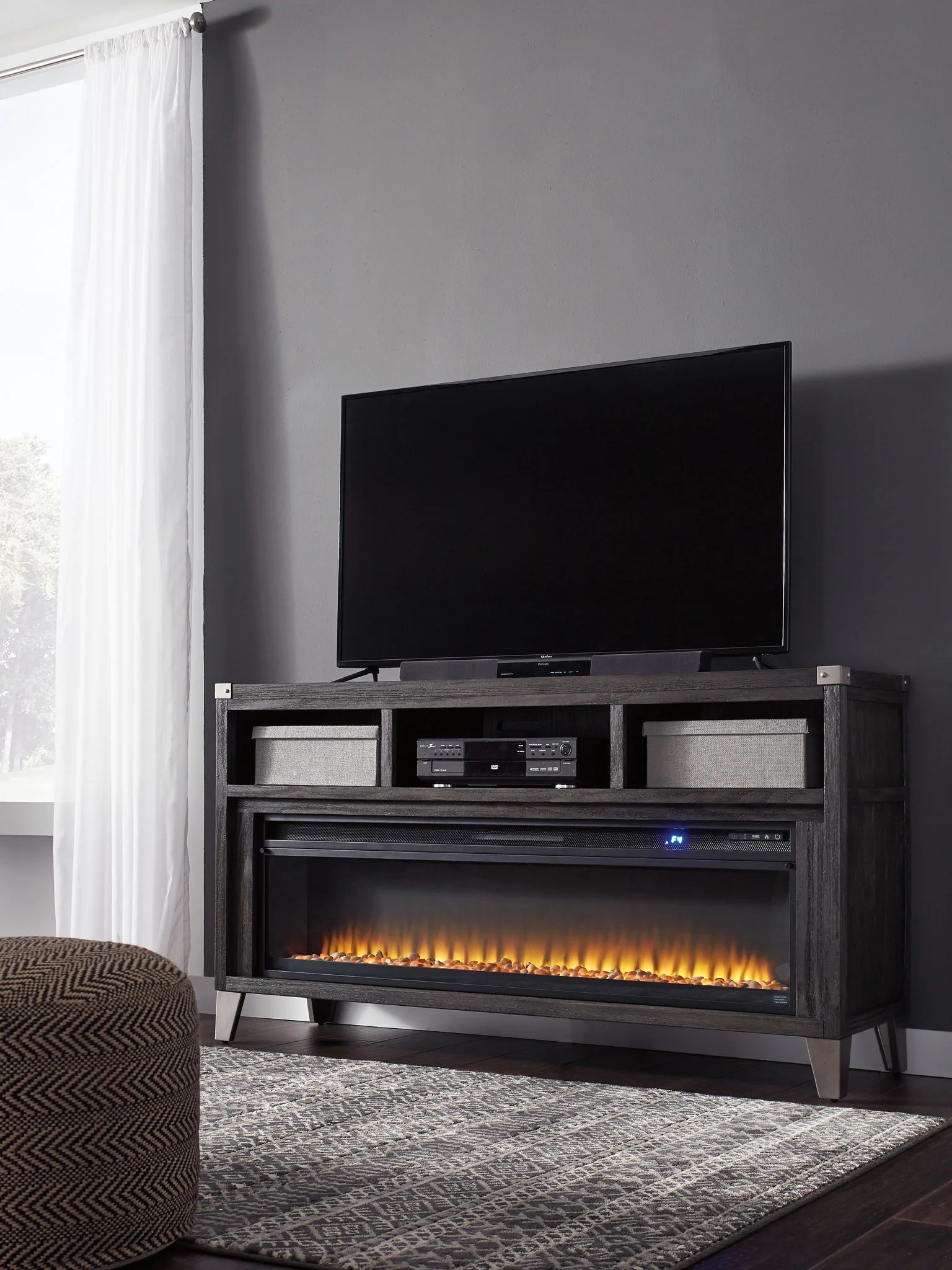 Todoe - 2 Pc. - 65" TV Stand With Wide Fireplace Insert - Gray - Image 2