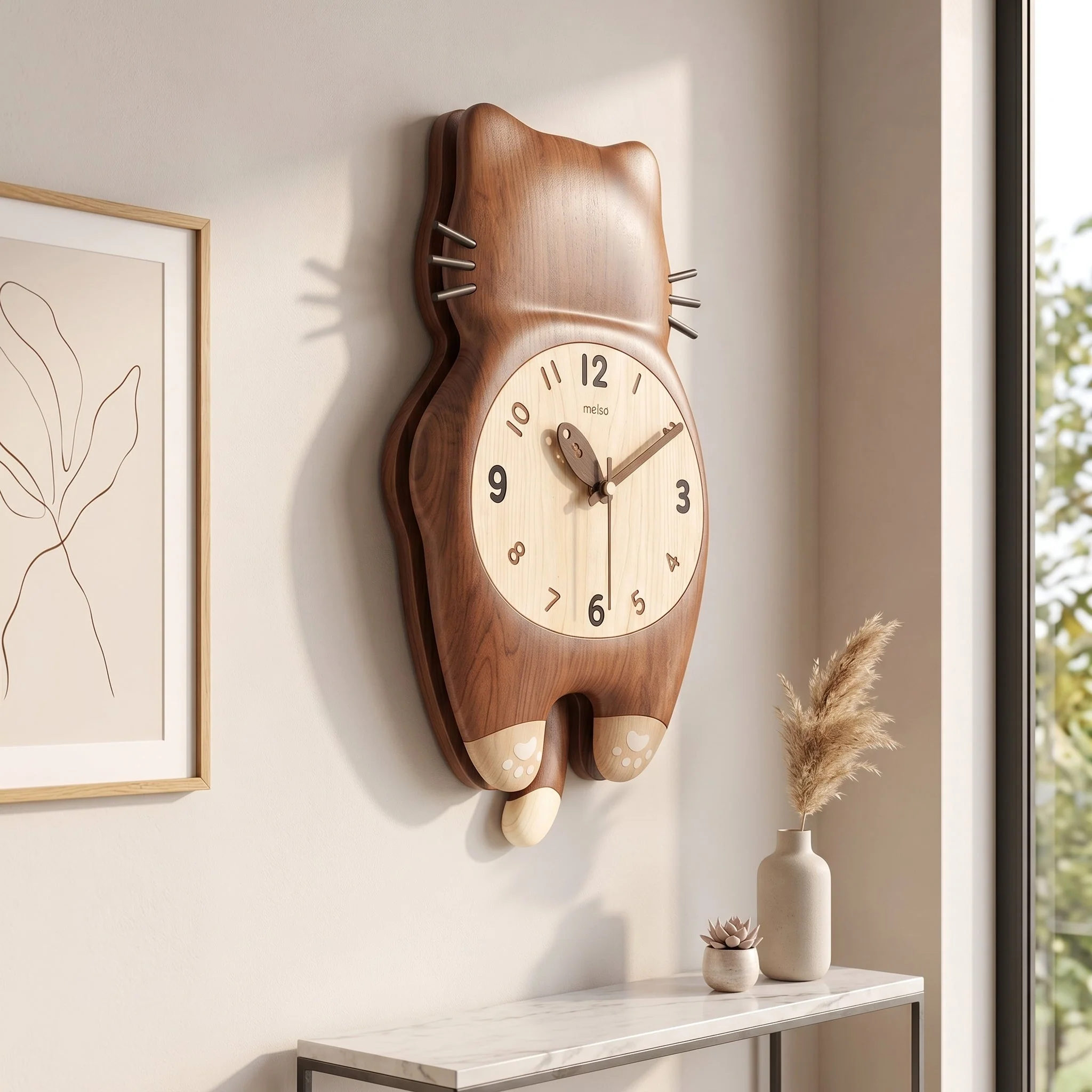 Tail Wagging Cat Shaped Wooden Wall Clock - Image 1