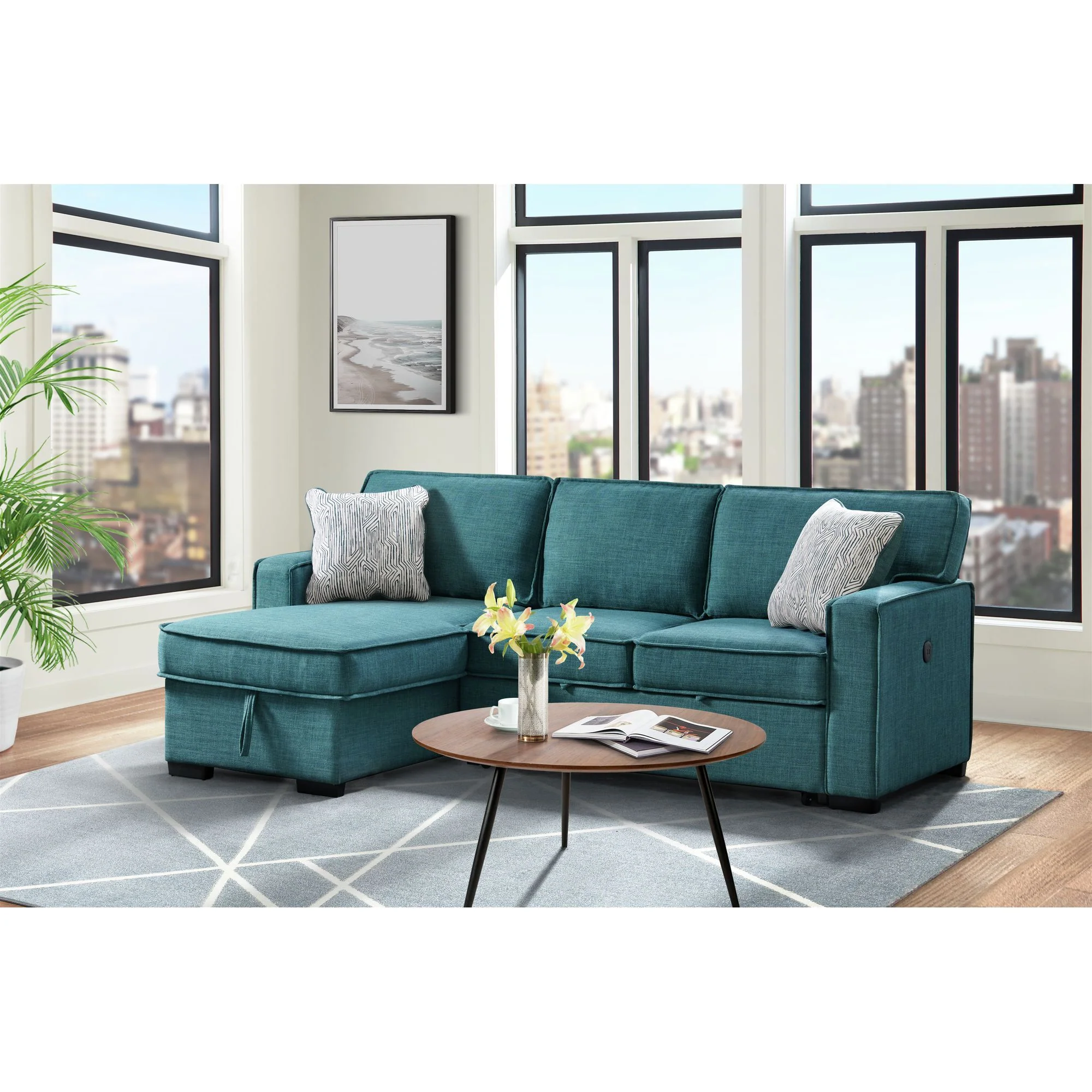 Caracas – Sectional RHF Loveseat With Pull Bed, Dropdown Table, 1 USB & 1 Pillow – Palmer Teal