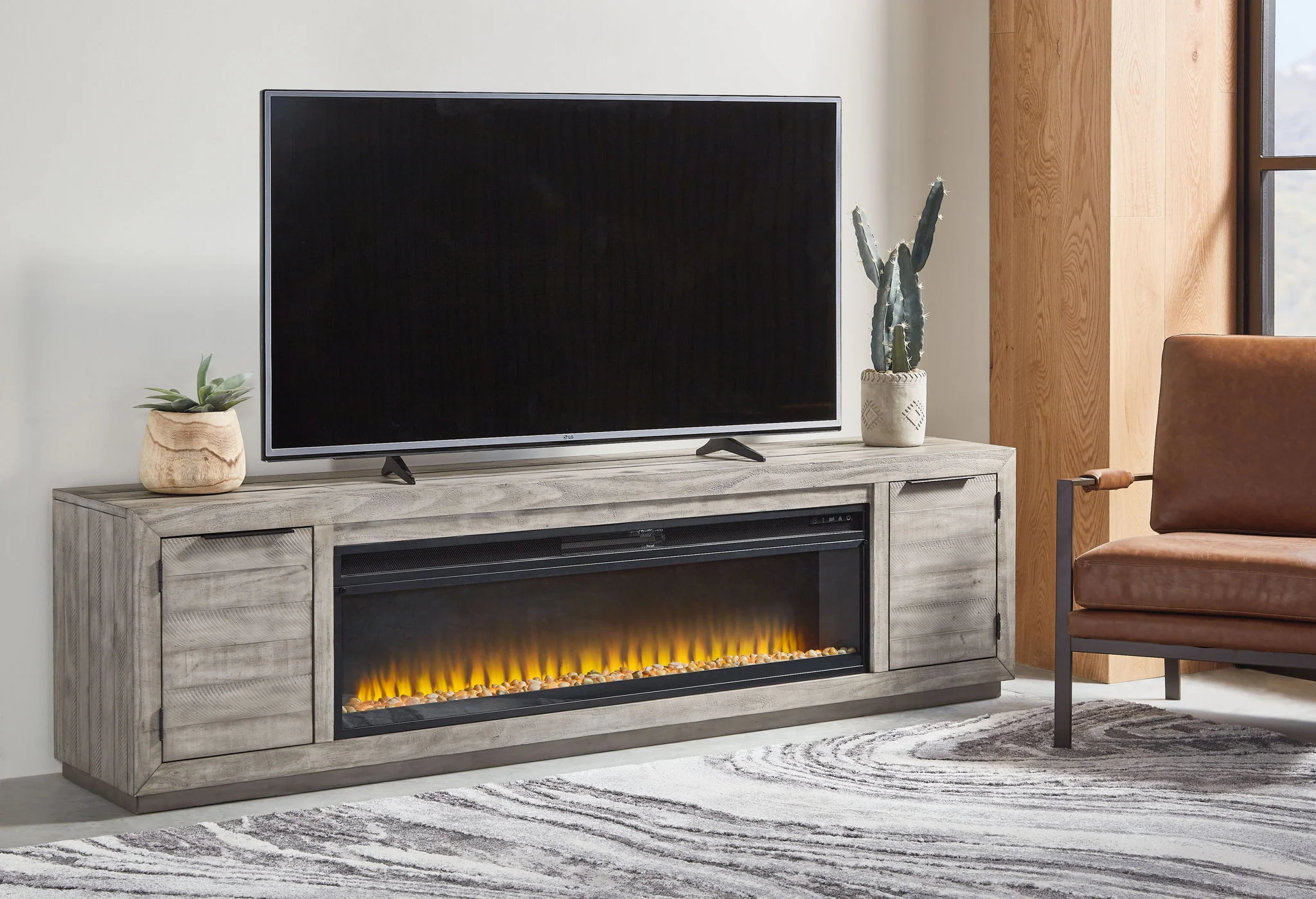 Naydell - 92" TV Stand With Wide Fireplace Insert - Gray - Image 2