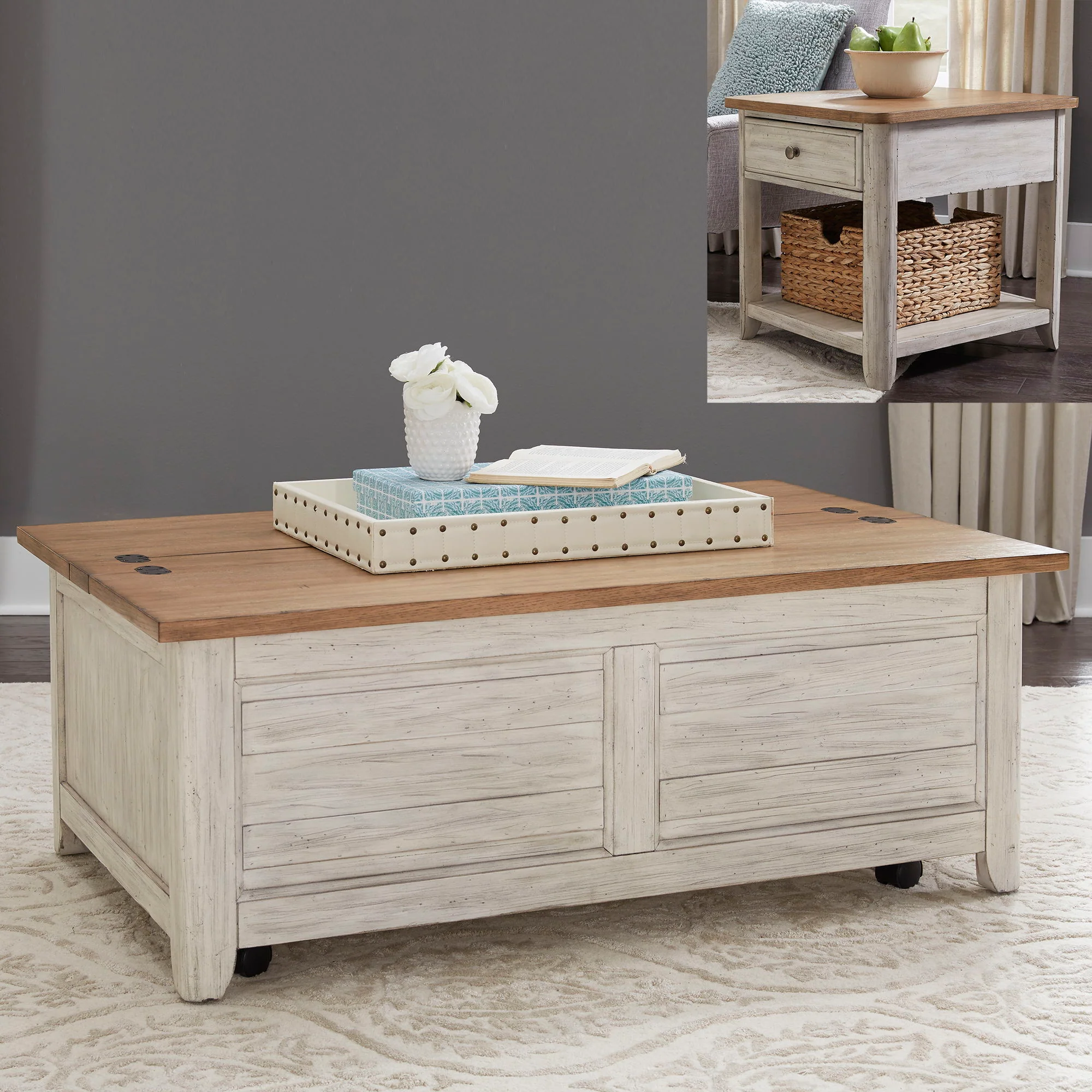 Farmhouse Reimagined - 3 Piece Table Set - Antique White / Chestnut Tops - Image 1