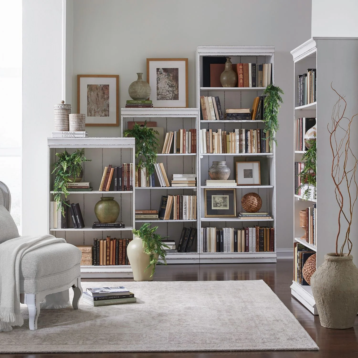 Magnolia Manor – 4 Piece Stepped Bookcase Set – Antique White