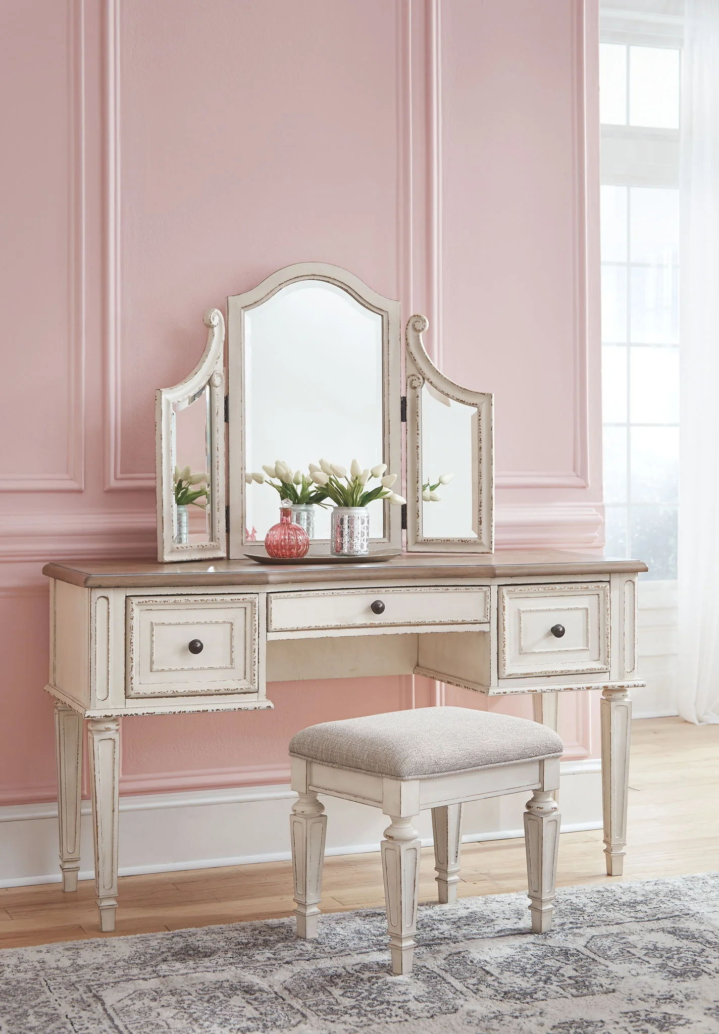 Realyn - Vanity/Mirror/Stool (Set of 3) - White / Brown / Beige - Image 2