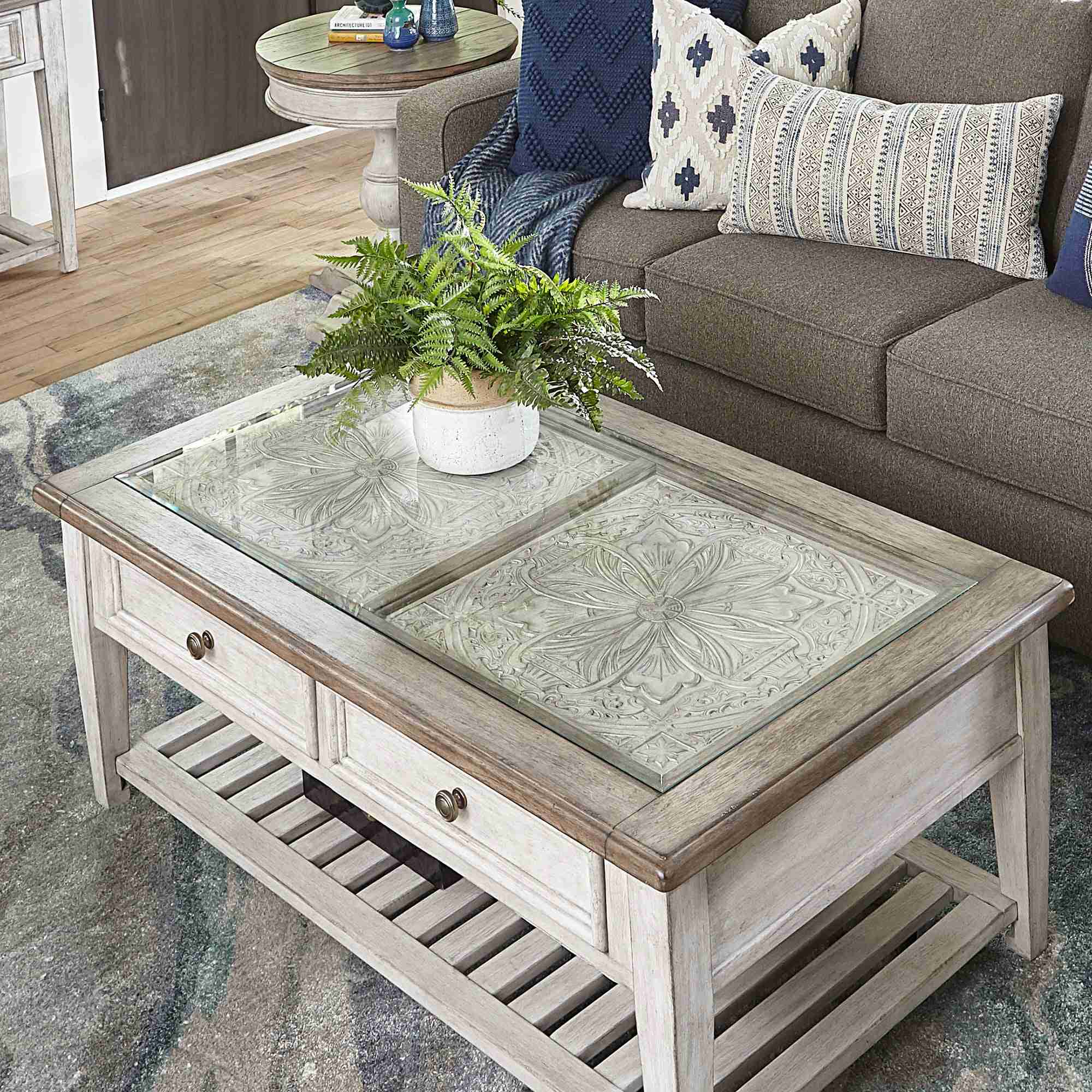 Heartland - Rect Ceiling Tile Cocktail Table - Antique White / Tobacco Tops - Image 2