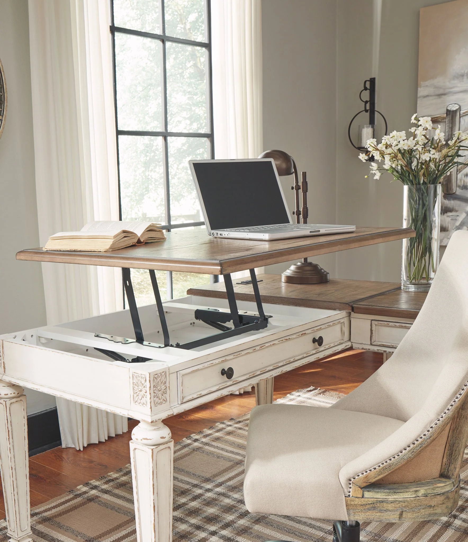 Realyn - L Shaped Desk With Lift Top - White / Brown - Image 2