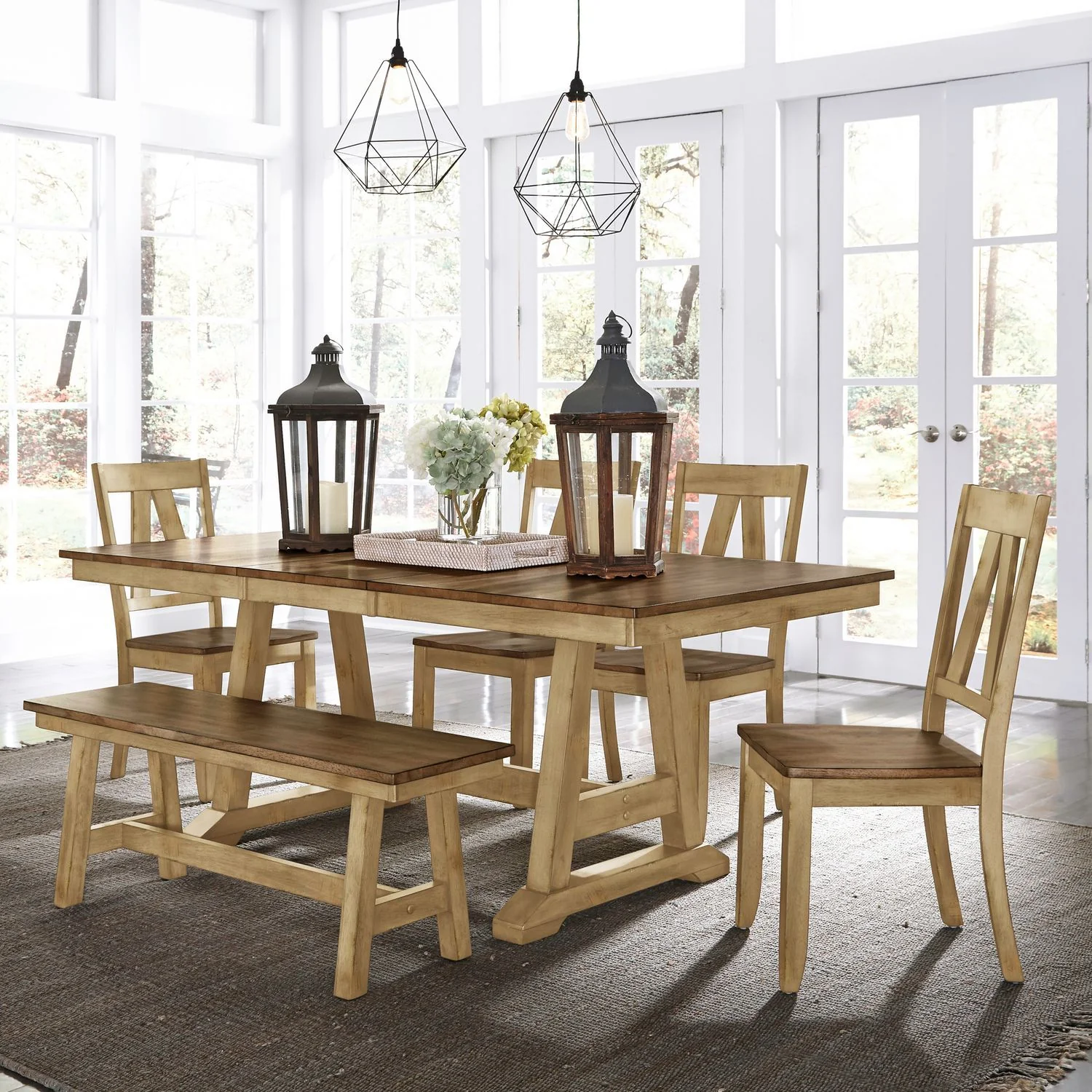 Lindsey Farm – 6 Piece Trestle Table Set – Natural & Brown