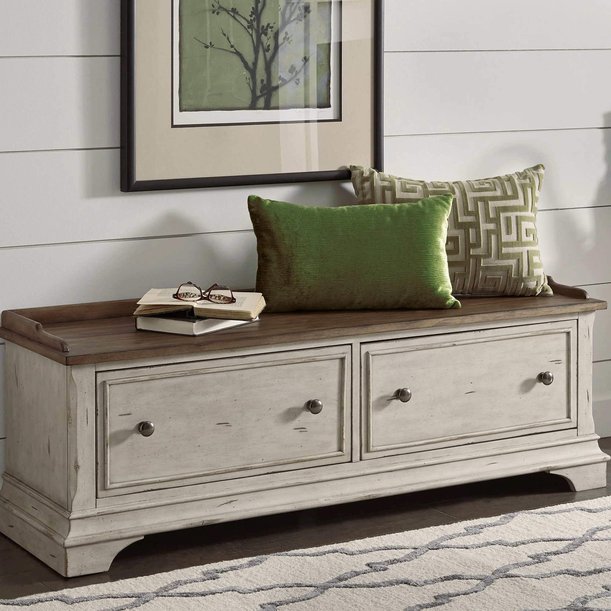 Morgan Creek - Storage Hall Bench - Antique White / Wirebrushed Tobacco Accents - Image 2