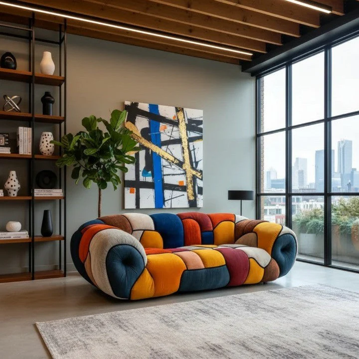 Colorful Mosaic Patchwork Curved Velvet Lounge Sofa - Image 2