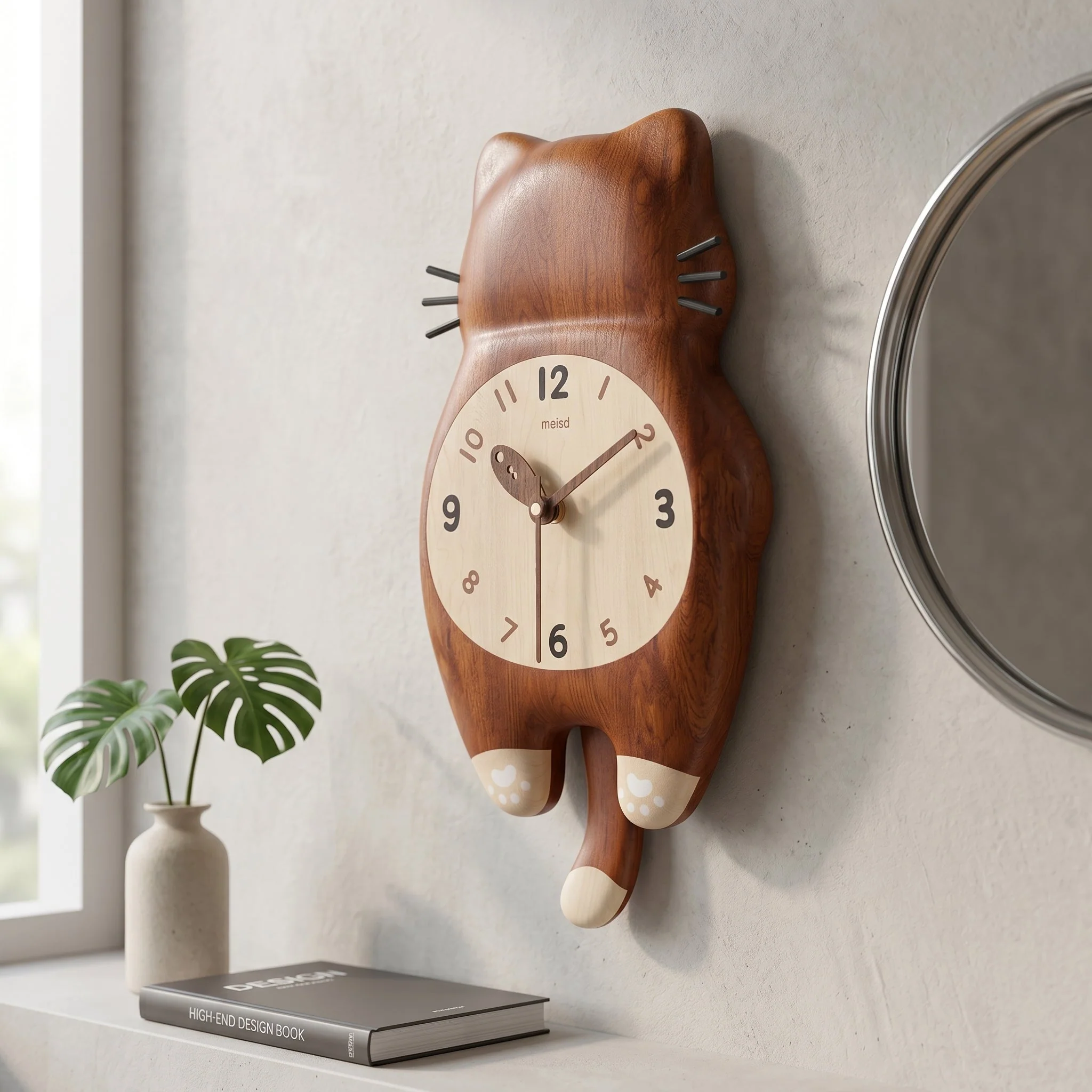 Tail Wagging Cat Shaped Wooden Wall Clock - Image 3