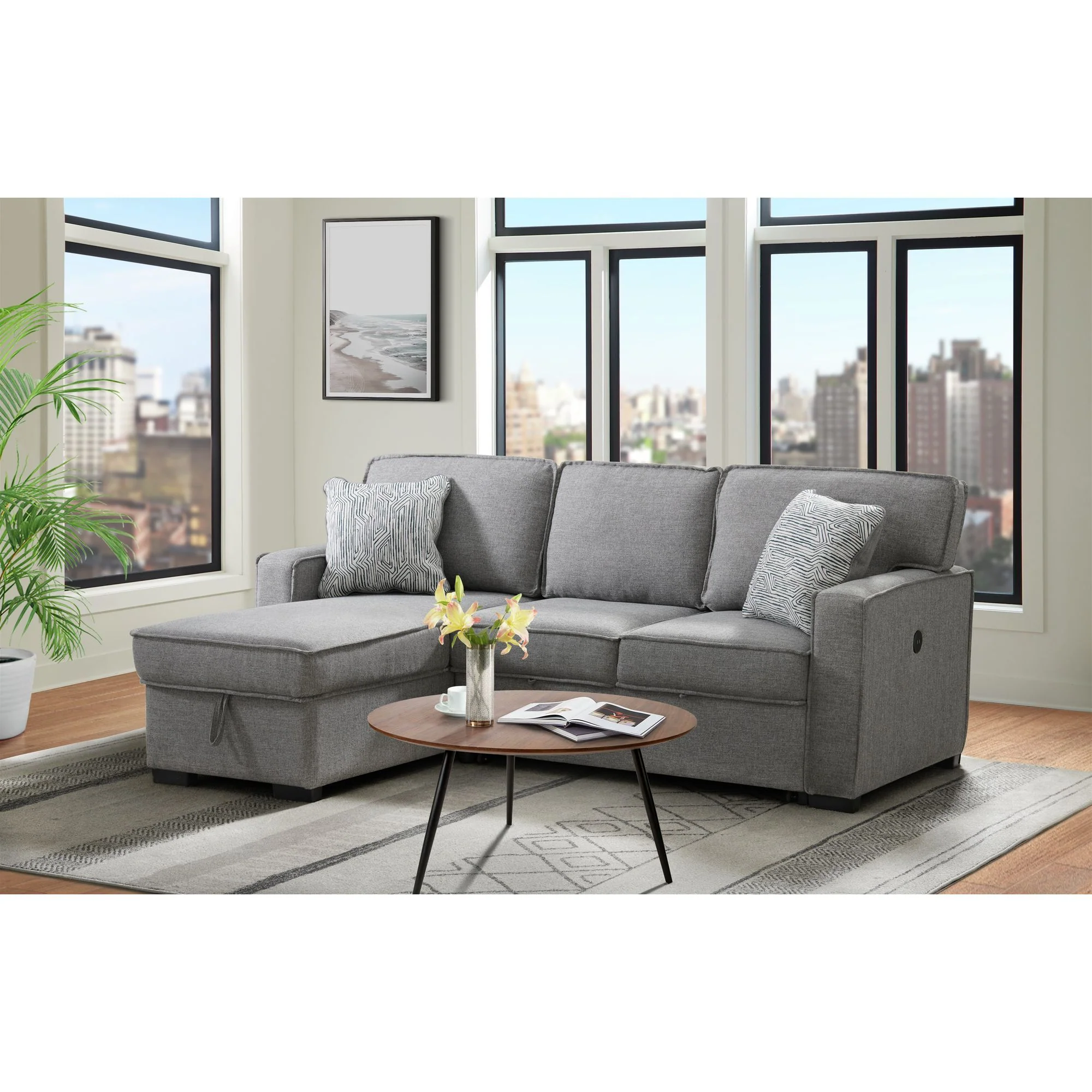 Caracas - Sectional RHF Loveseat With Pull Bed, Drop Table & USB - Palmer Steel - Image 3