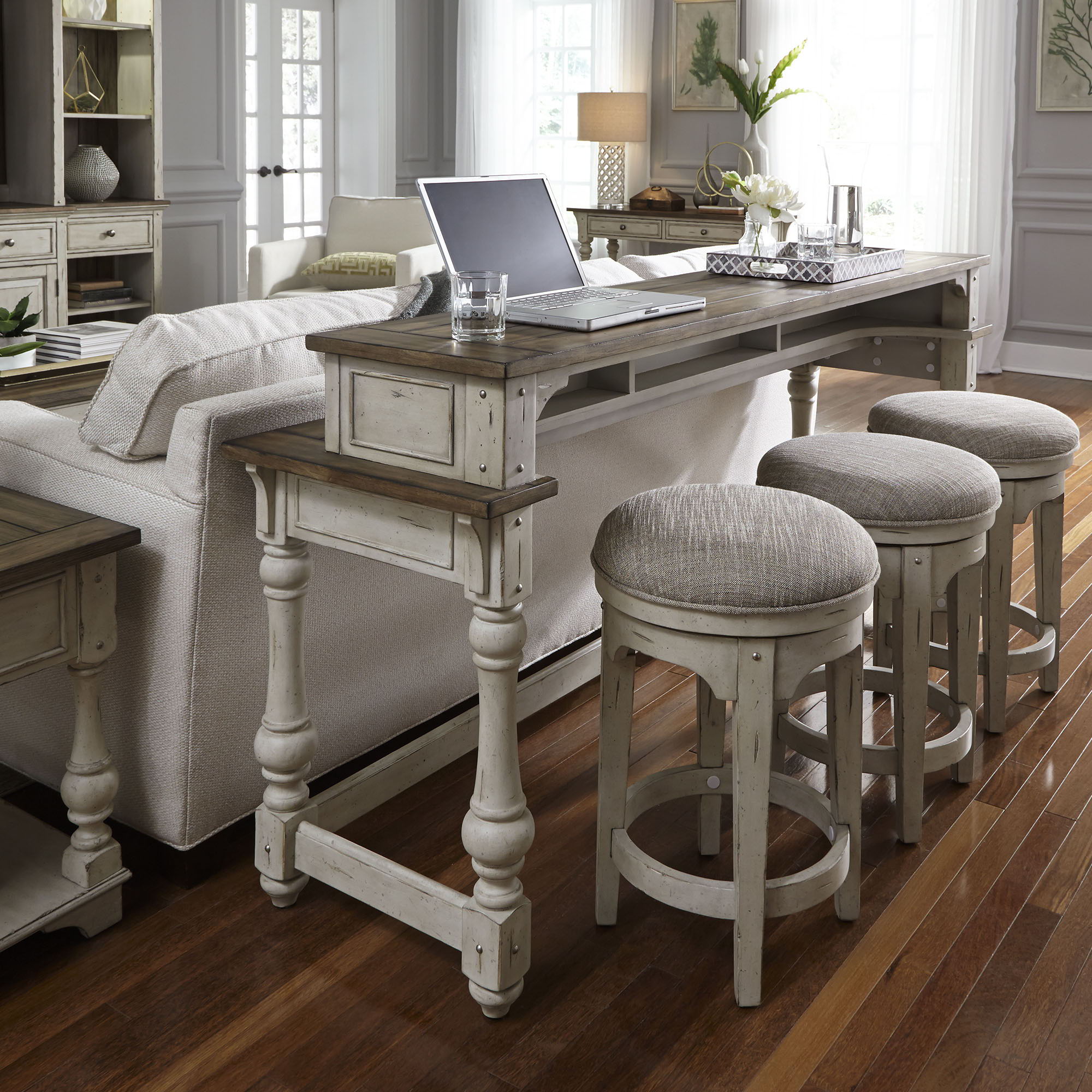 Morgan Creek – 4 Piece Console Set (1 Console 3 Stools) – Antique White / Wirebrushed Tobacco Accents