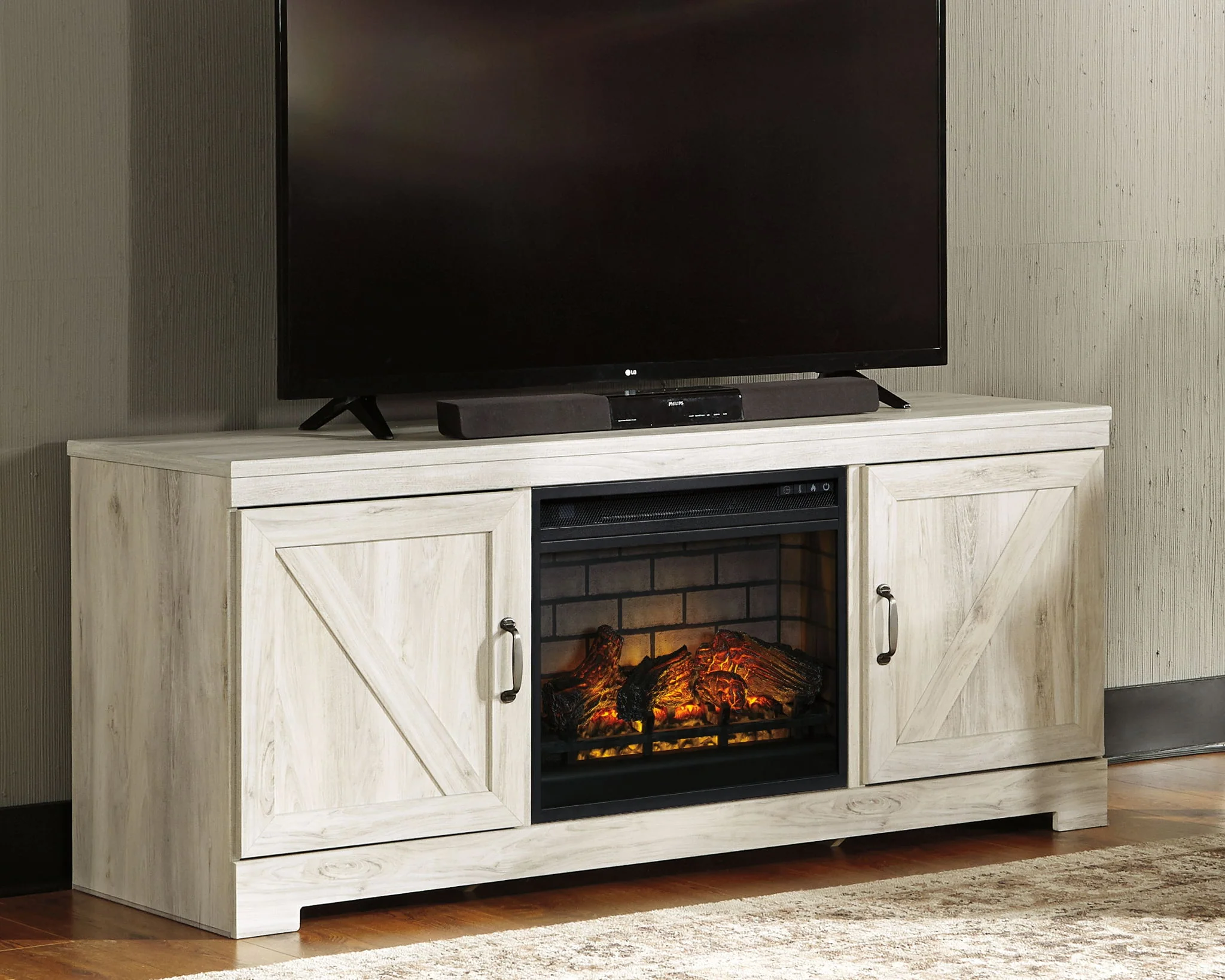 Bellaby - 63" TV Stand With Faux Firebrick Fireplace Insert - Whitewash - Image 2