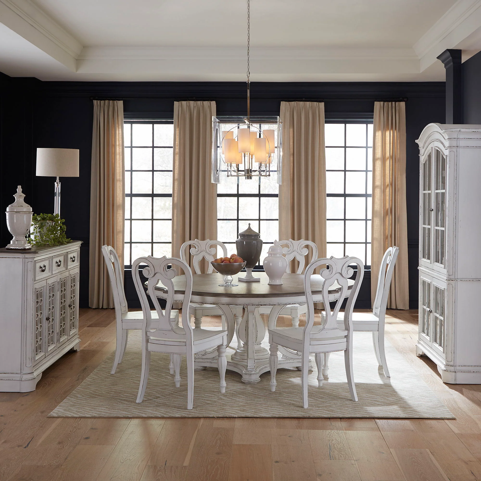 Magnolia Manor – 7 Piece Round Ped Table Set (Splat Back Side Chair) – Antique White