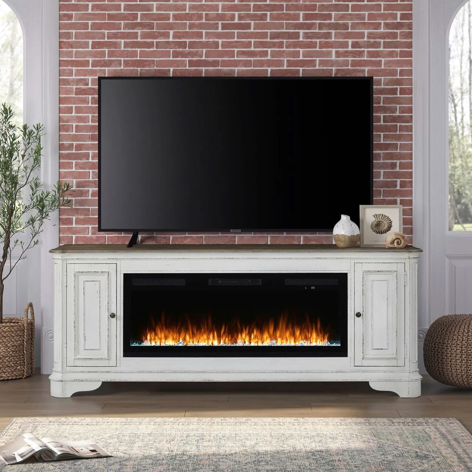 Fireplace TV Consoles – 244 82″ Console With Fire FTS – White