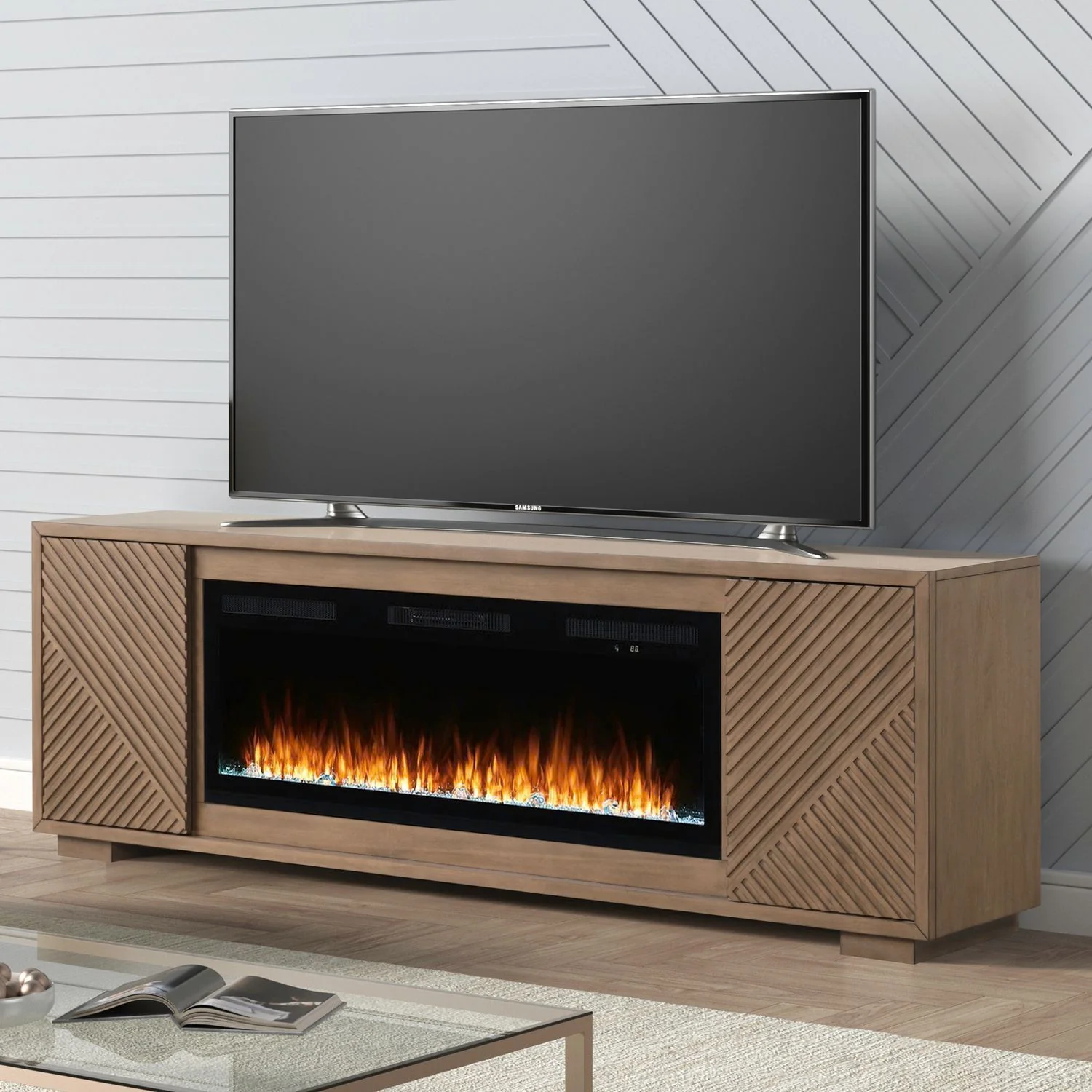 Fireplace TV Consoles – 214 84” Console With Fire FTS Multiplees – Light Brown