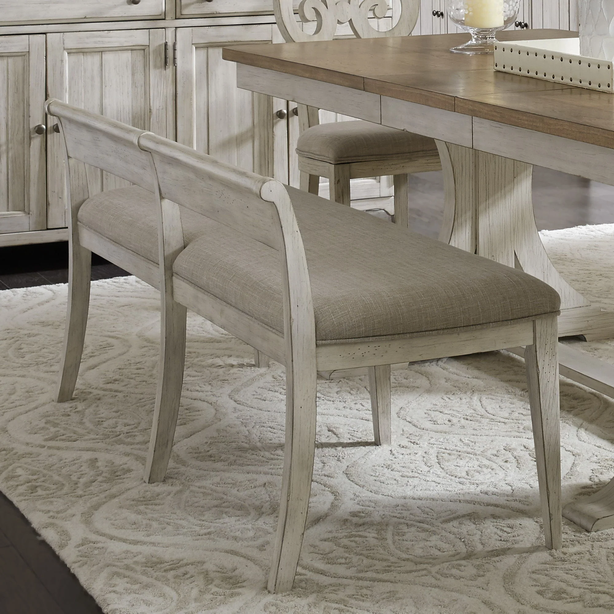 Farmhouse Reimagined - Upholstered Bench - Antique White / Chestnut Tops - Image 3