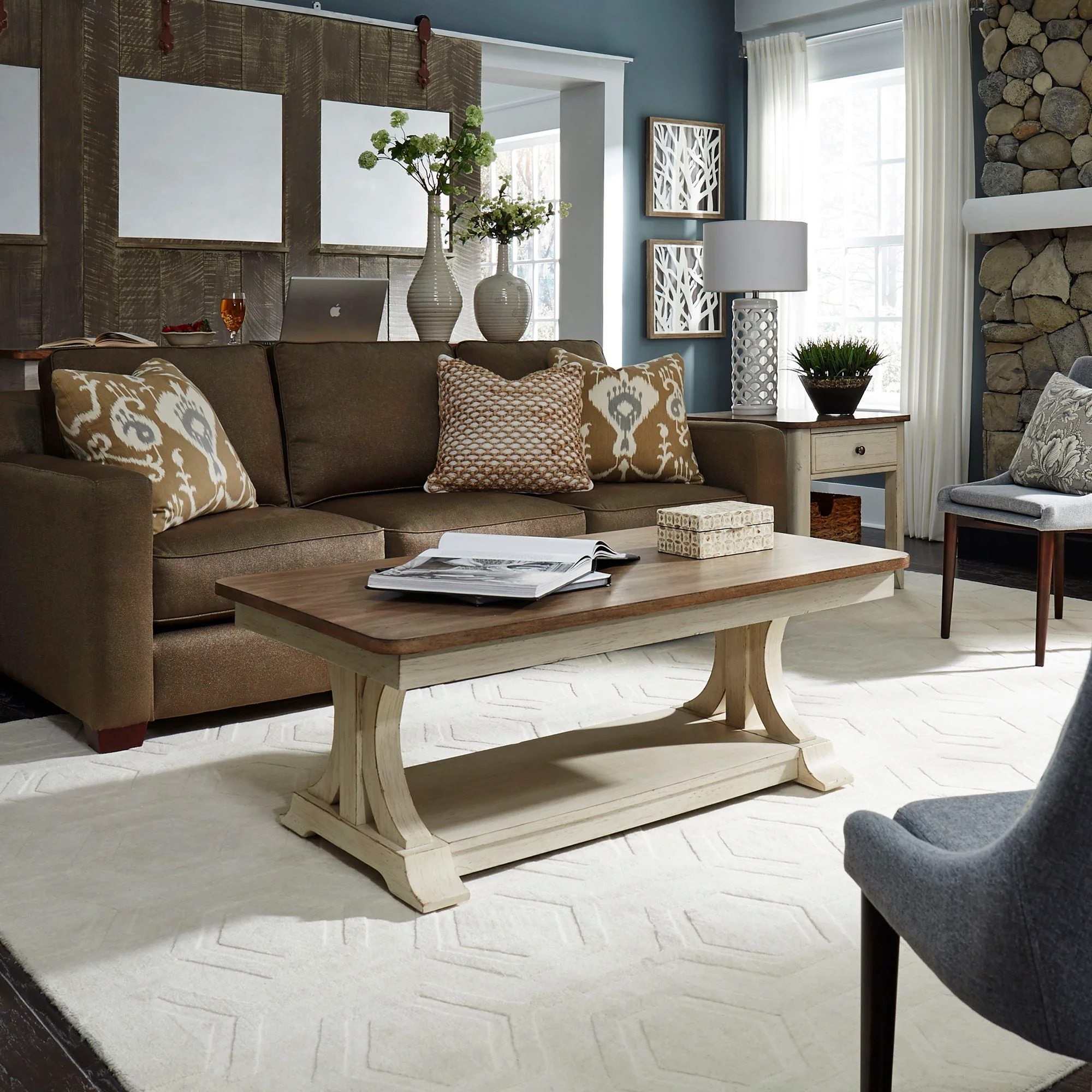 Farmhouse Reimagined - 3 Piece Table Set (1 Cocktail 2 End Tables) - Antique White / Chestnut Tops - Image 1