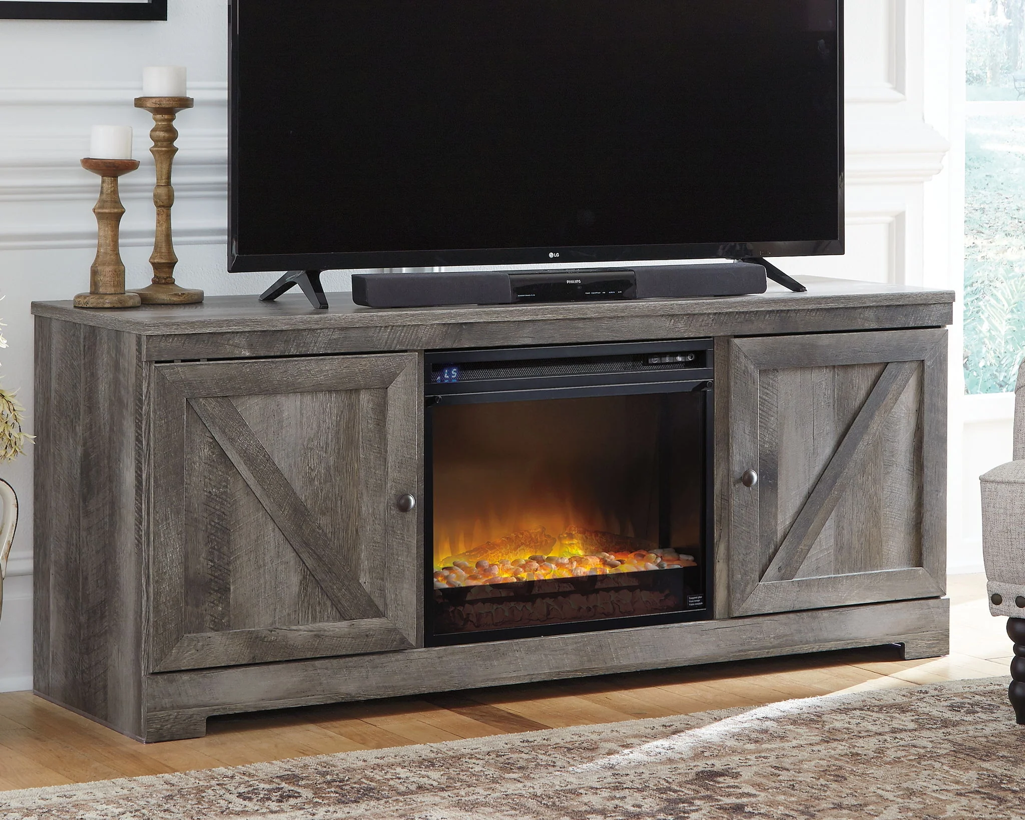 Wynnlow - 63" TV Stand With Glass/Stone Fireplace Insert - Gray - Image 2