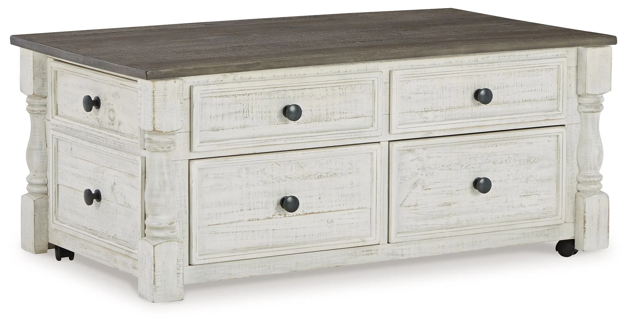 Havalance – Lift Top Cocktail Table with Storage Drawers – White / Gray