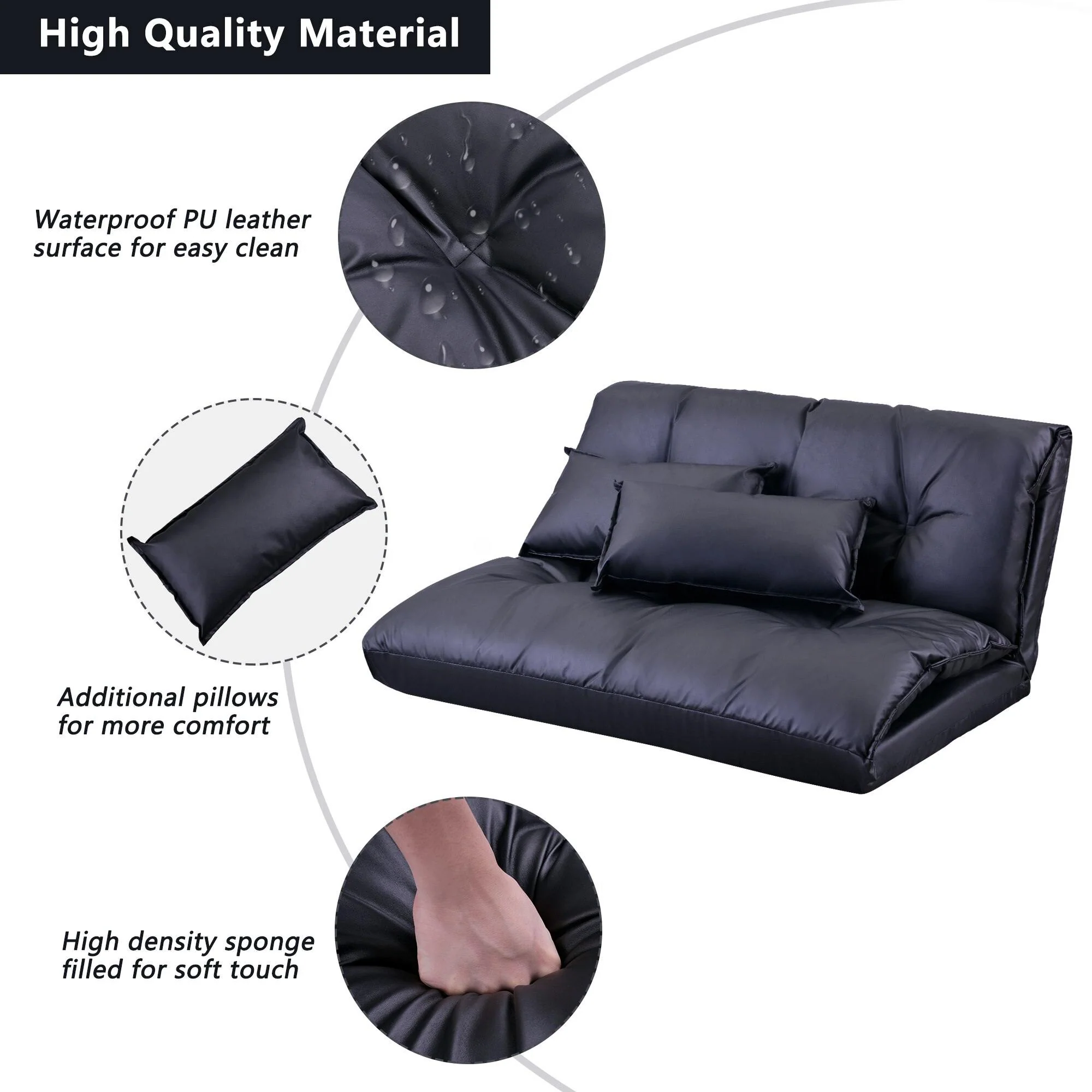 Modern Foldable PU Leather Leisure Floor Sofa Bed with 2 Pillows - Image 2