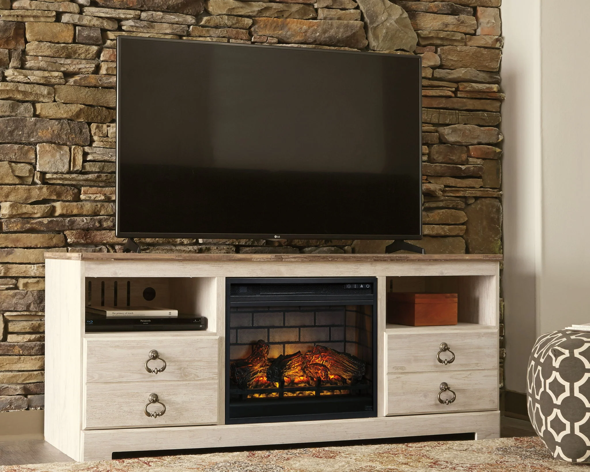 Willowton - 2 Pc. - 64" TV Stand With Faux Firebrick Fireplace Insert - Whitewash - Image 2