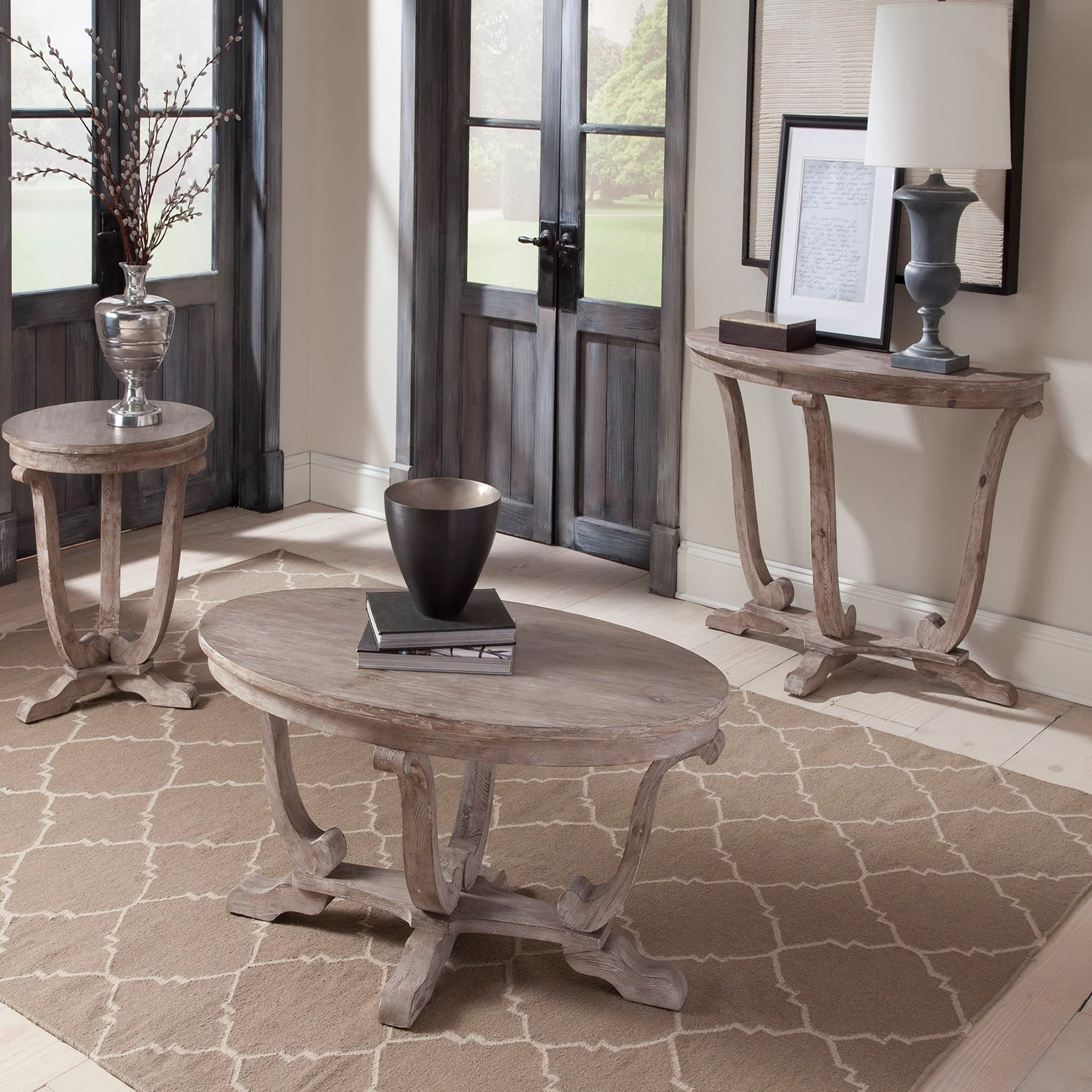 Greystone Mill – 3 Piece Table Set (1 Cocktail 2 End Tables) – Stone White Wash / Wirebrush Distressing