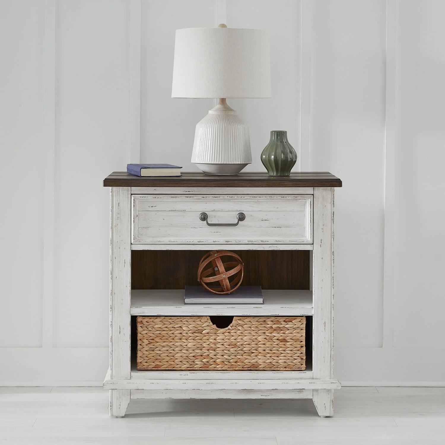 River Place - Bedside Chest With Charging Station - Riverstone White & Tobacco - Image 1