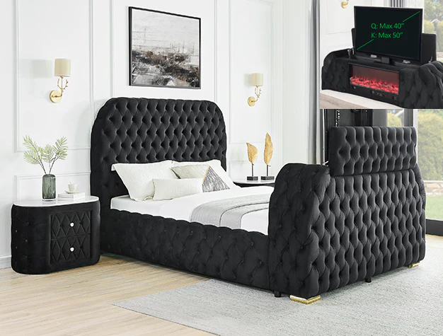 Natalia Bed W/Fireplace,tv Lift BK