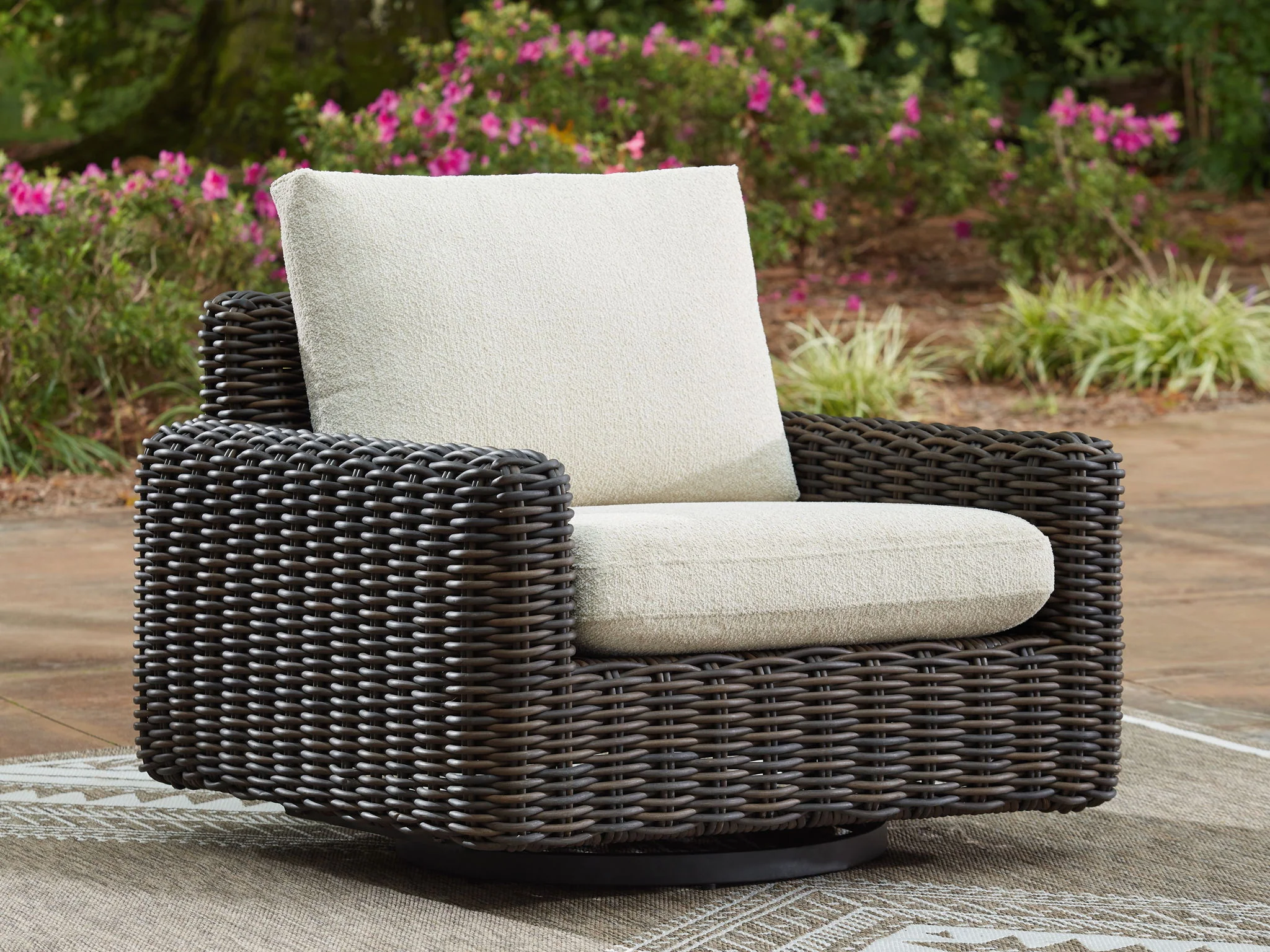 Kimora - 7 Pc. - 4-Piece Outdoor Sectional, Swivel Glider Lounge, Cocktail Table, End Table - Beige / Dark Brown - Image 3