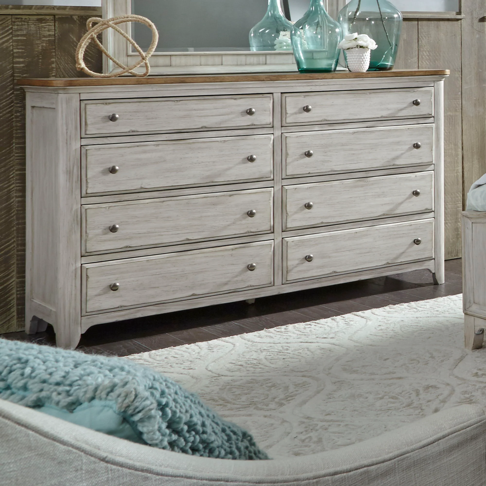 Farmhouse Reimagined - 8 Drawer Dresser - Antique White / Chestnut Tops - Image 3