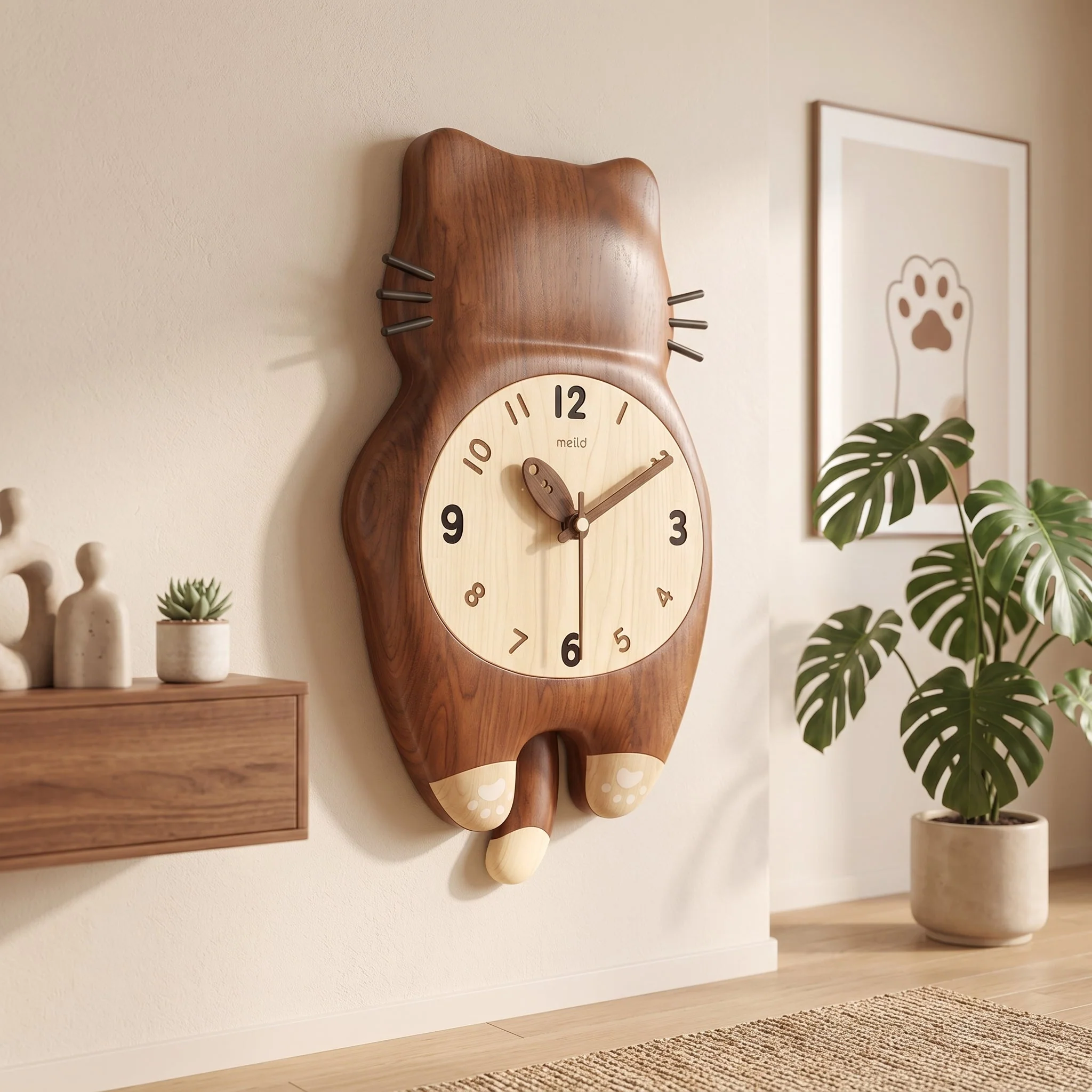 Tail Wagging Cat Shaped Wooden Wall Clock - Image 2