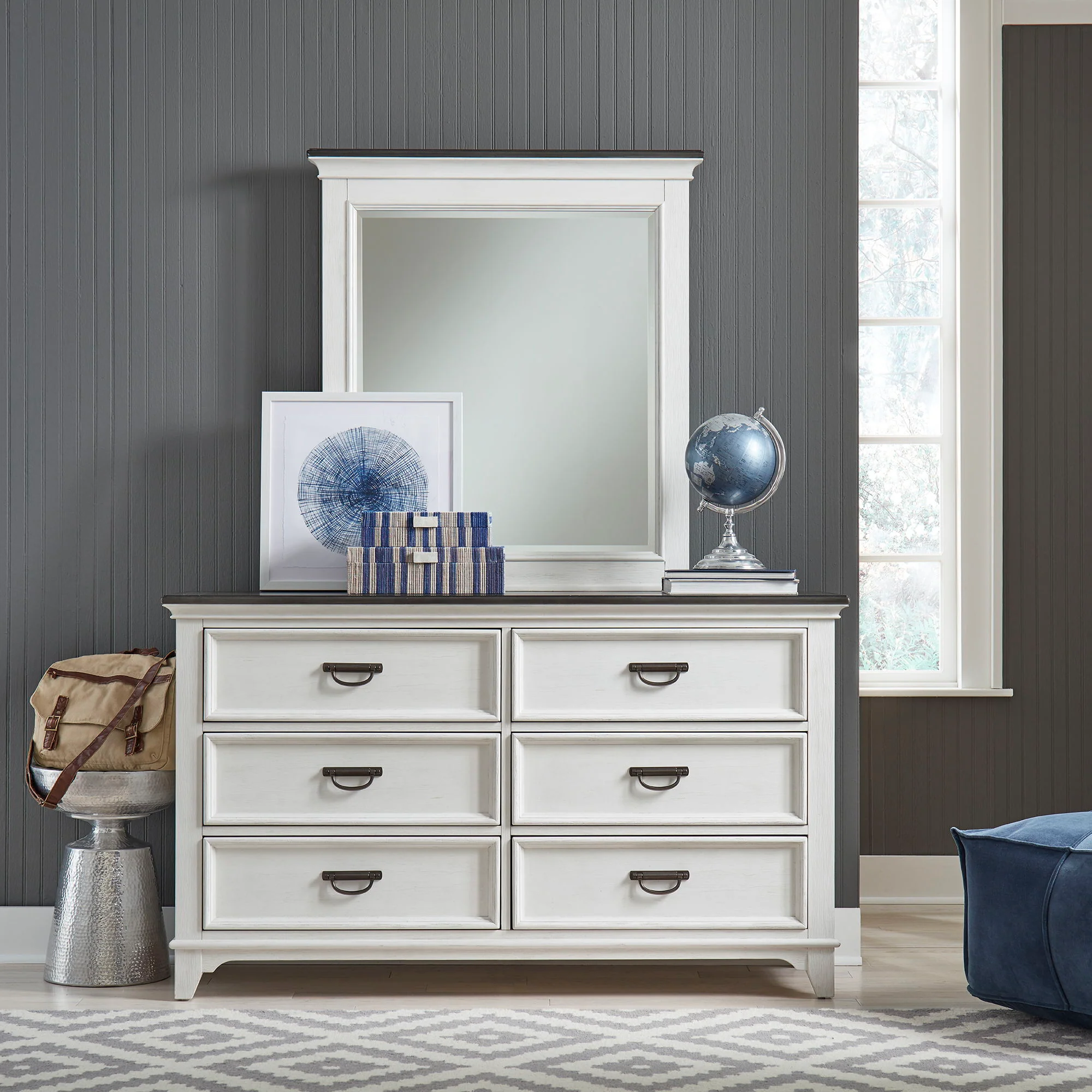 Allyson Park - Dresser & Mirror (6 Drawer Dresser) - Wirebrushed White / Charcoal - Image 1
