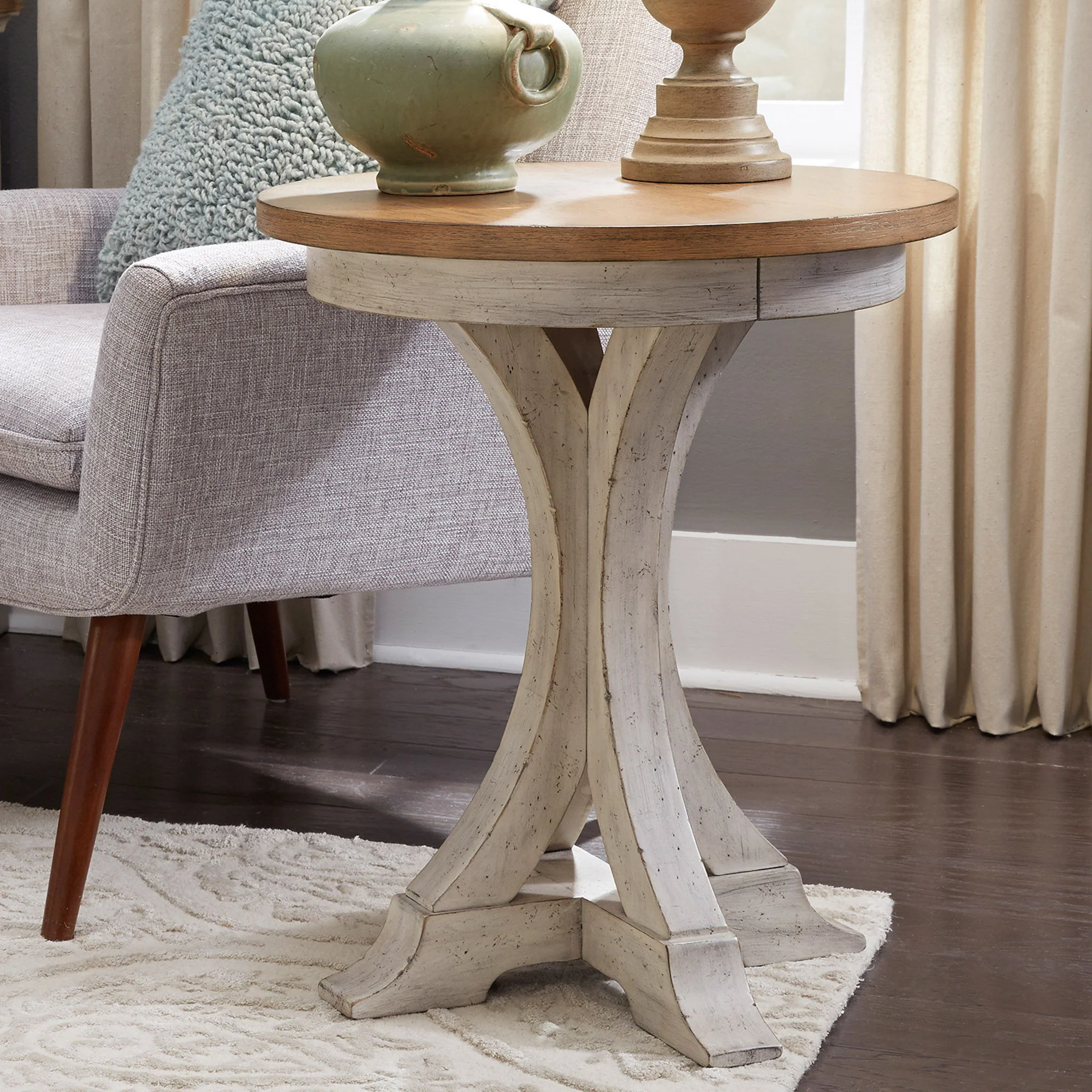 Farmhouse Reimagined - Round Chair Side Table - Antique White / Chestnut Tops - Image 3